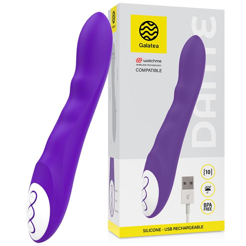 Lila Vibrator in Verpackung. Aufdrucke: Galatea, Dante, USB-Ladekabel, BPA-frei, Silikon, wasserdicht.