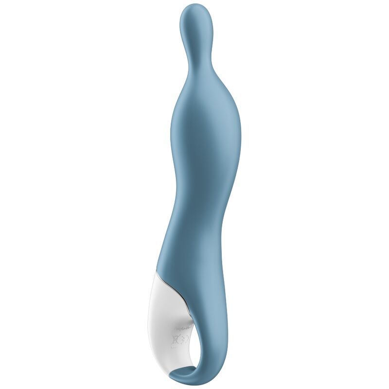 Blau-grauer Vibrator mit geschwungenem Design. Weißer Griff. Ringförmige Basis.
