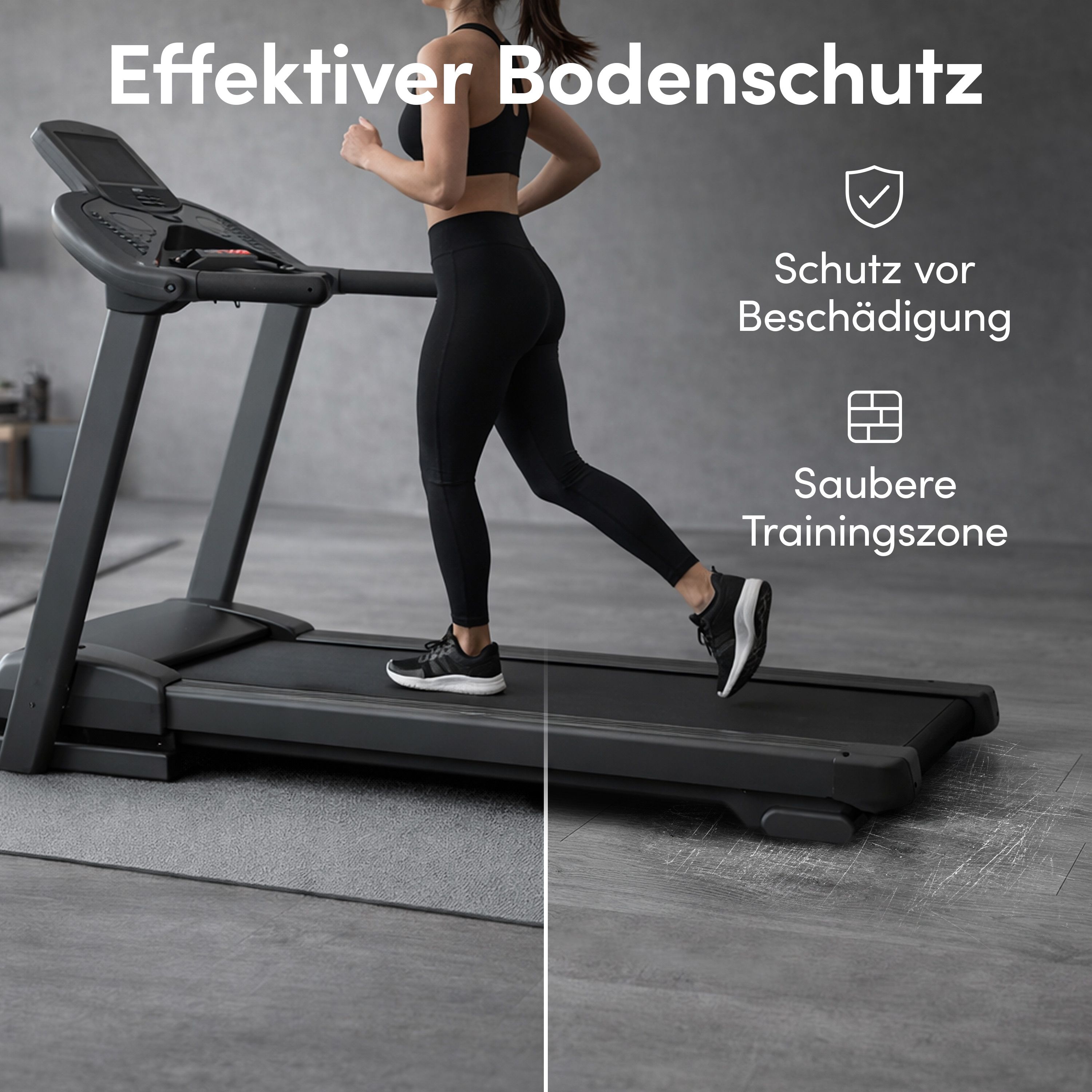 Eine Frau läuft auf einem Laufband, das auf einer grauen Fitnessmatte steht. Die Matte schützt vor Beschädigungen und sorgt für eine saubere Trainingszone.