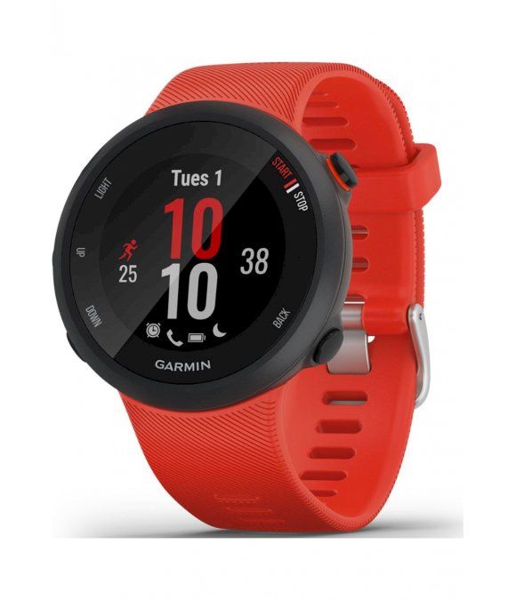 Schwarze Garmin Smartwatch mit rotem Armband. Rundes Zifferblatt mit digitaler Anzeige. Zeigt Datum, Uhrzeit und Aktivitätsdaten.