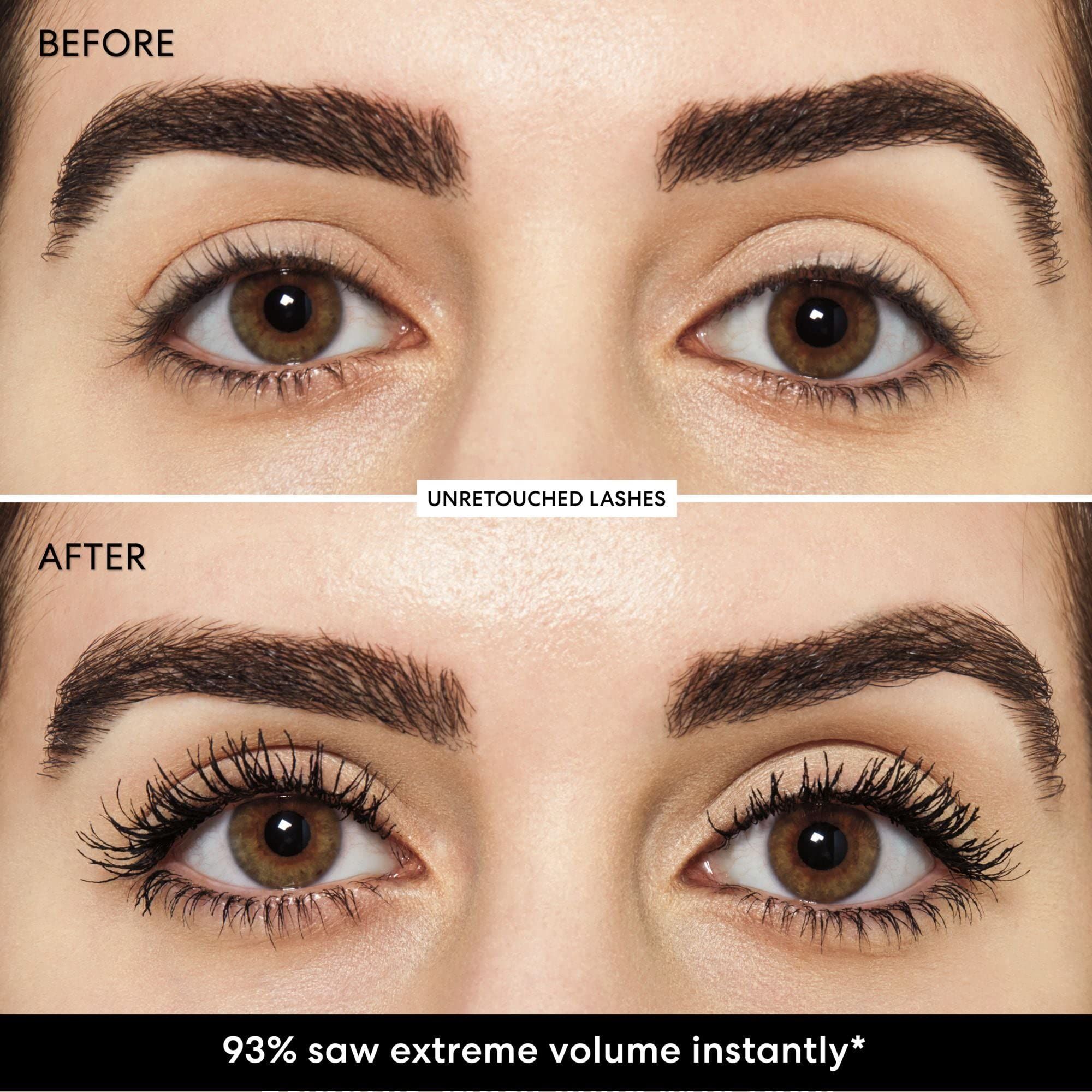 Vorher-Nachher-Vergleich der Augen. Obere Reihe: ungeschminkte Wimpern. Untere Reihe: geschminkte Wimpern.