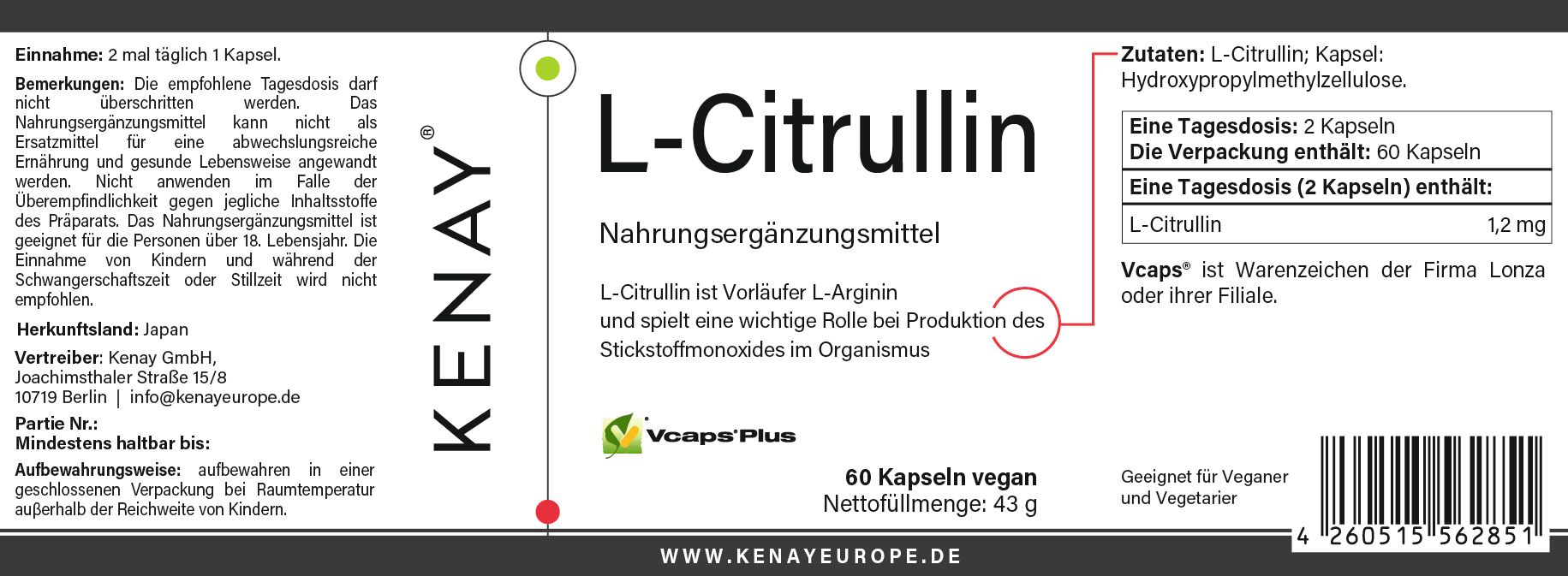 Etikett mit Text: L-Citrullin, Nahrungsergänzungsmittel, 60 Kapseln vegan. Zutatenliste. Marke: KENAY. Vcaps Plus Logo.