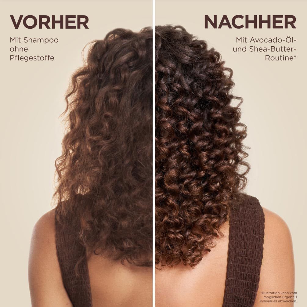 Vorher-Nachher-Vergleich von lockigem Haar. Links: Shampoo ohne Pflegestoffe. Rechts: Mit Avocado-Öl und Shea-Butter.
