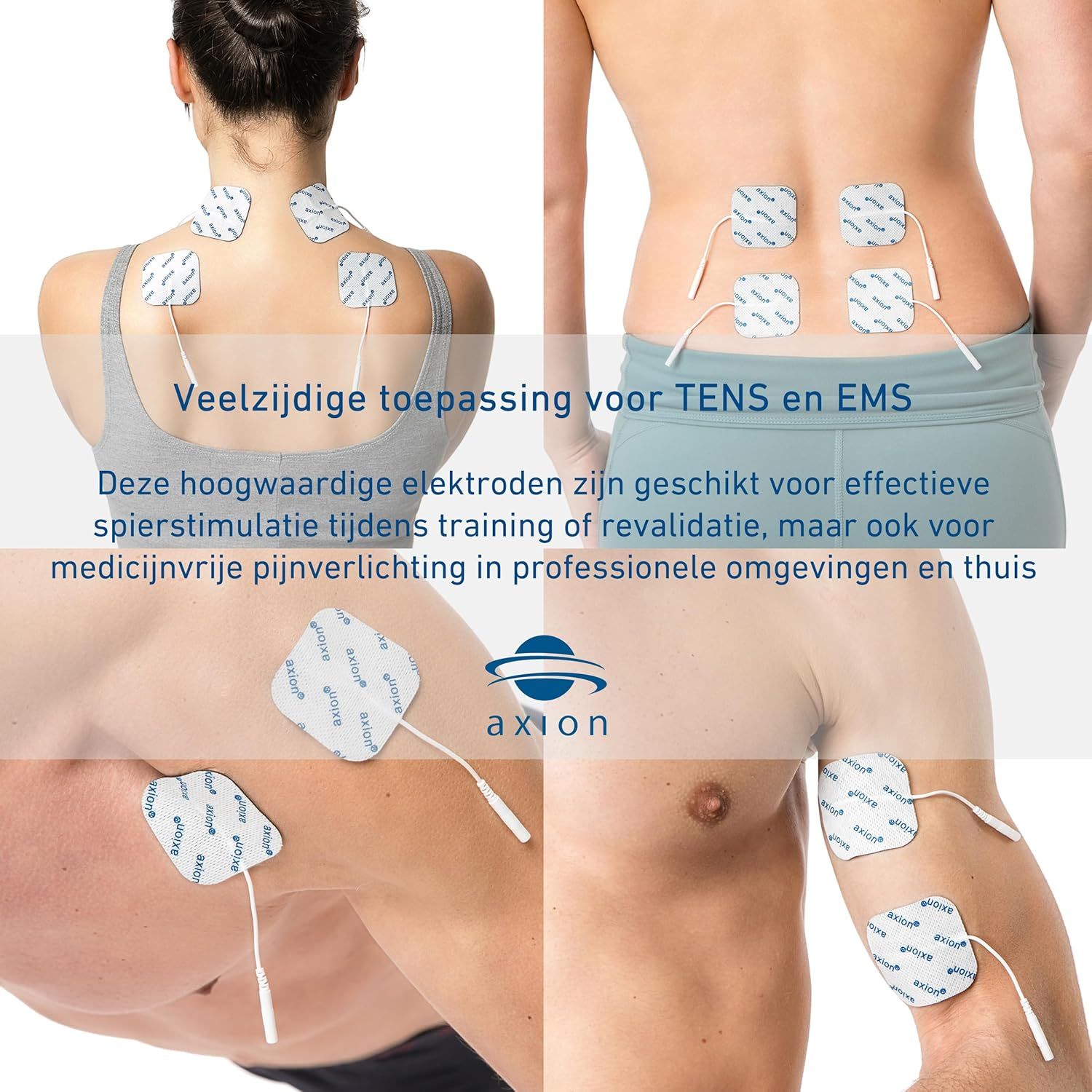 Toepassingsvoorbeelden voor elektroden. Pads op rug, buik, arm en been. axion logo.
