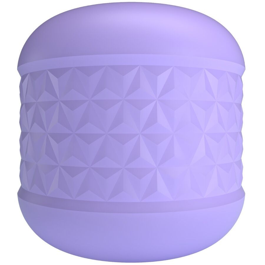 Lila Masturbator. Zylindrische Form mit geometrischem Muster. Ober- und Unterseite abgerundet.