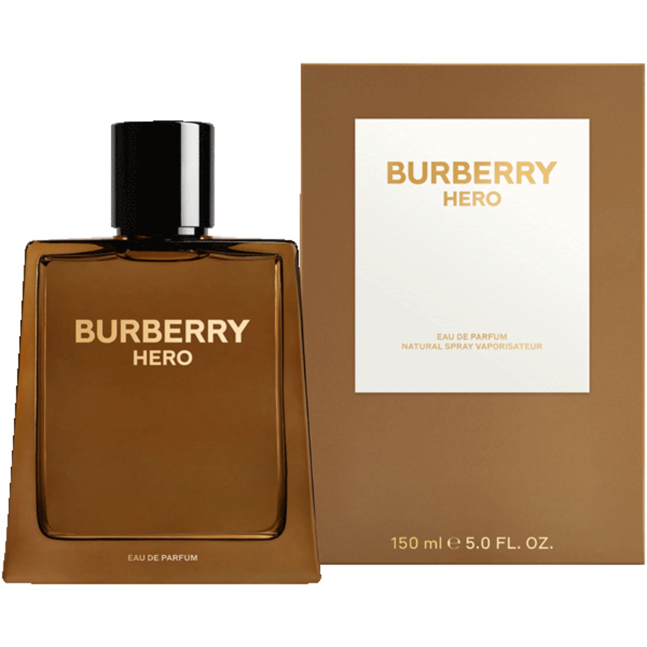 Braune Flasche und Verpackung. Auf der Flasche steht Burberry Hero. Daneben die Verpackung mit gleichem Schriftzug.