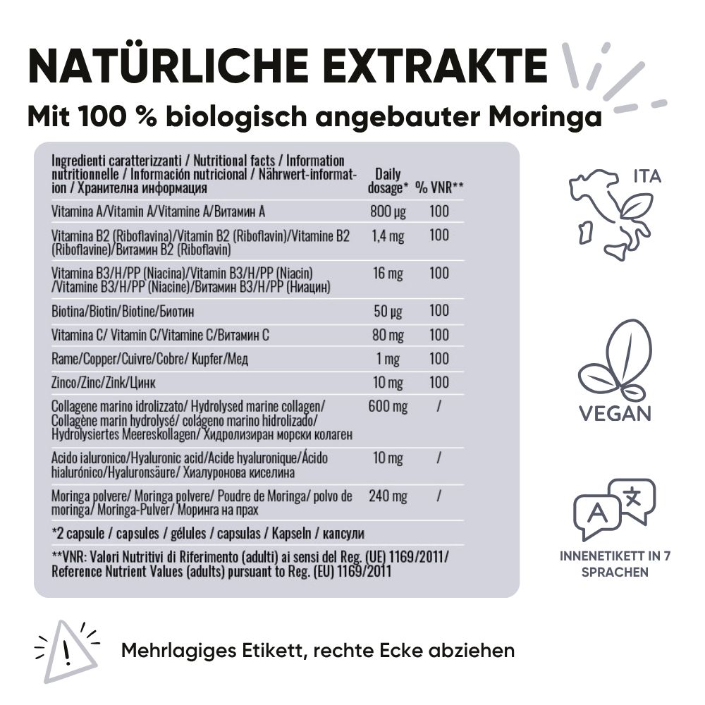 Frau hält Flasche RedMoringa Kollagen Hyaluron. Text: 2 Kapseln perfekte Haut, pflanzliche Kapseln, 21x6mm.