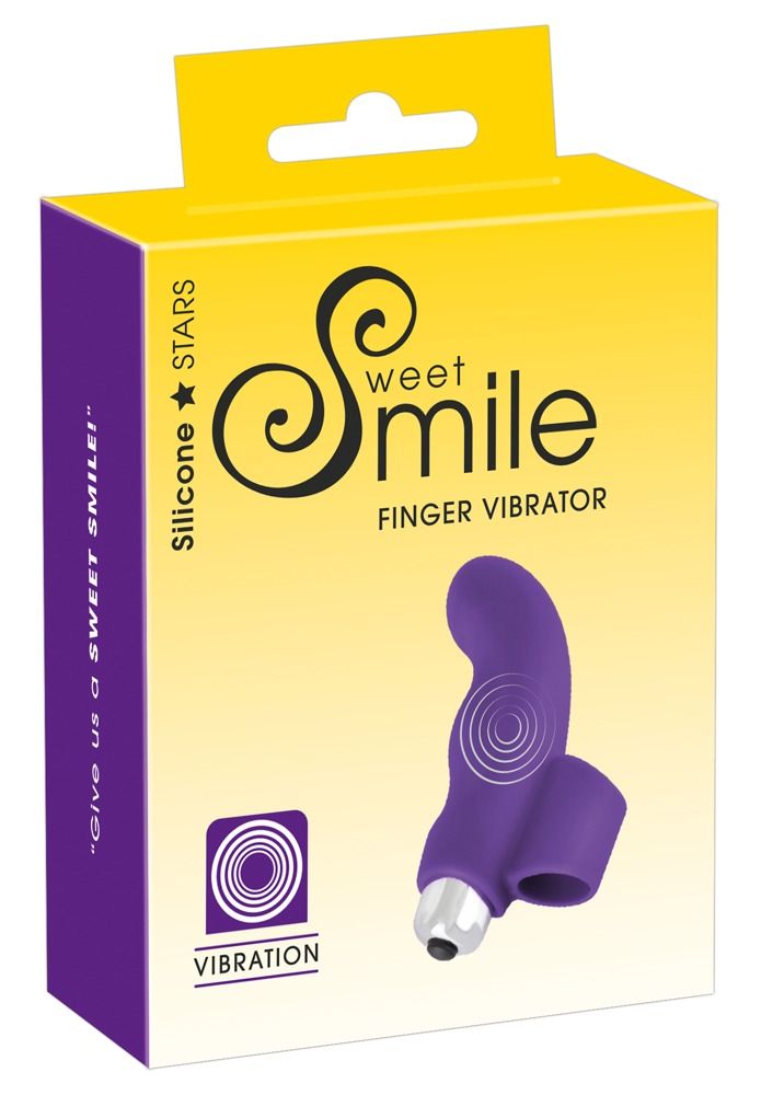 Verpackung mit lila Finger-Vibrator. Text: Sweet Smile Finger Vibrator. Gelber Hintergrund.