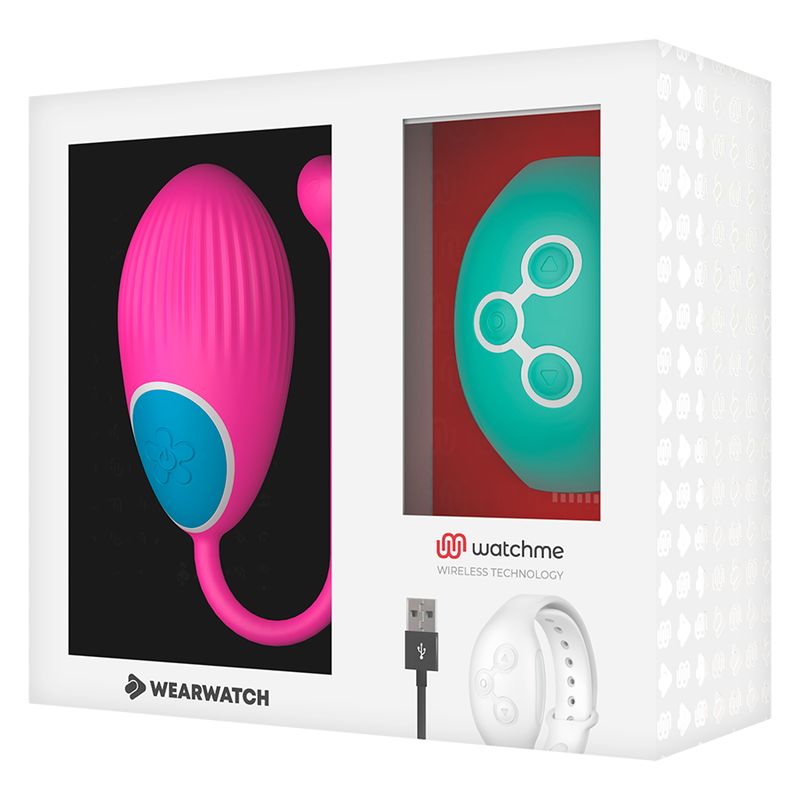 Verpackung mit rosa Ei und grüner Armbanduhr. Marke Wearwatch und watchme. Weißes Armband und USB-Kabel.