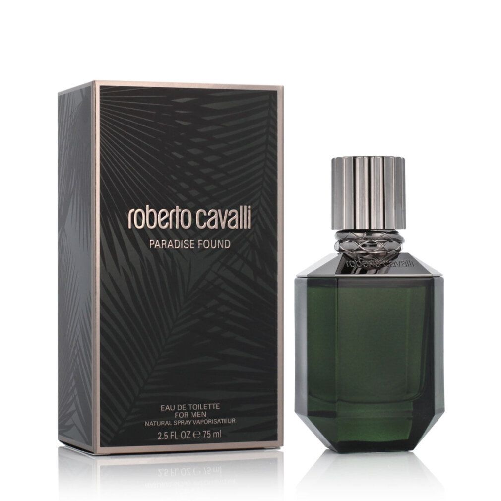 Roberto Cavalli Paradise Found For Men Eau de Toilette. Flakon und Verpackung. Grüne Flasche, silberner Verschluss, rechteckige Box.