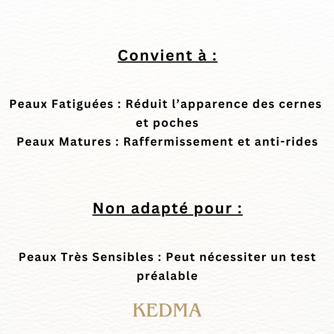 Texte sur fond crème: Convient à: Peaux Fatiguées, Peaux Matures. Non adapté pour: Peaux Très Sensibles. Marque: Kedma.