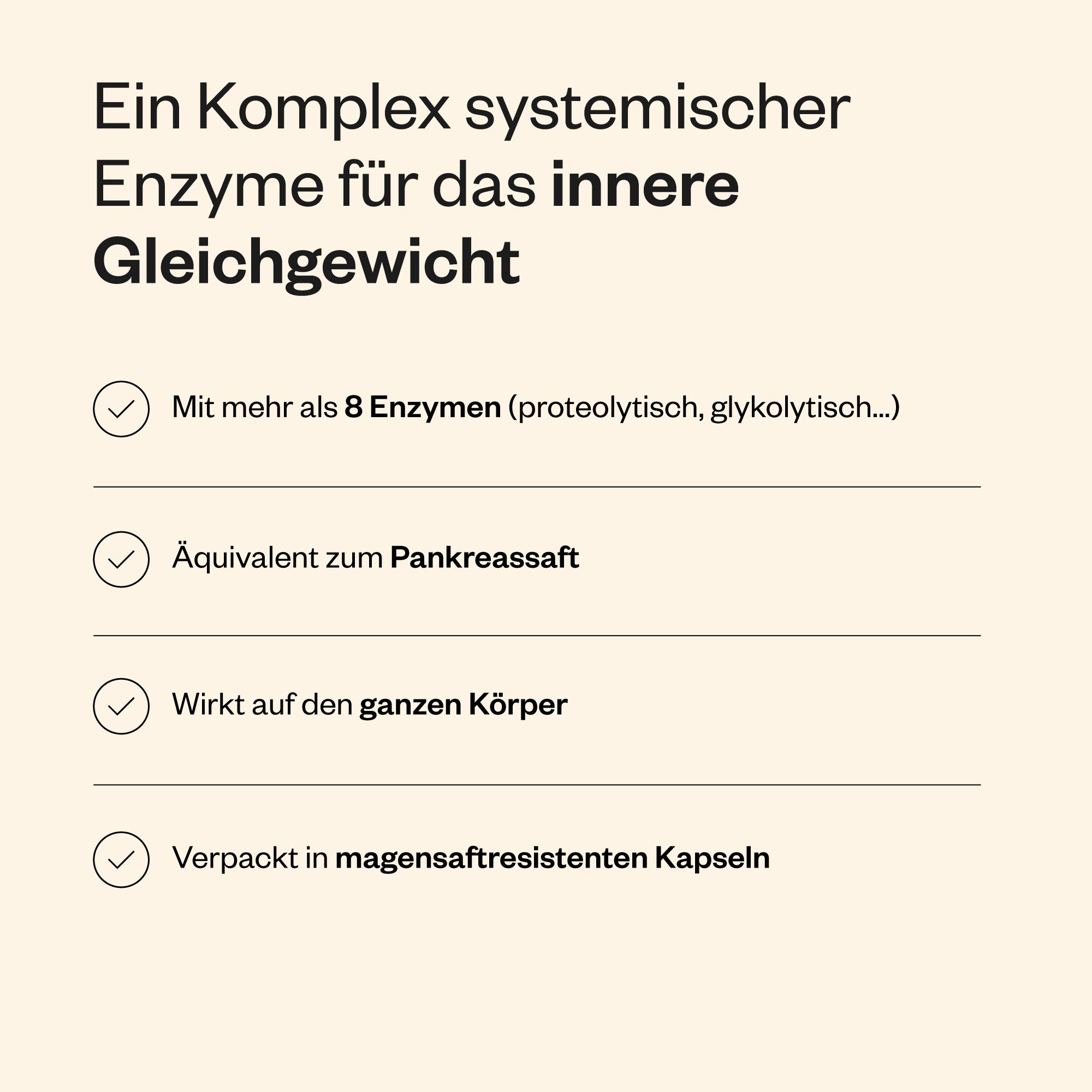 Infografik mit Text und Symbolen. Beschreibt Vorteile des Produkts. Enthält Informationen zu Enzymen und Kapseln.