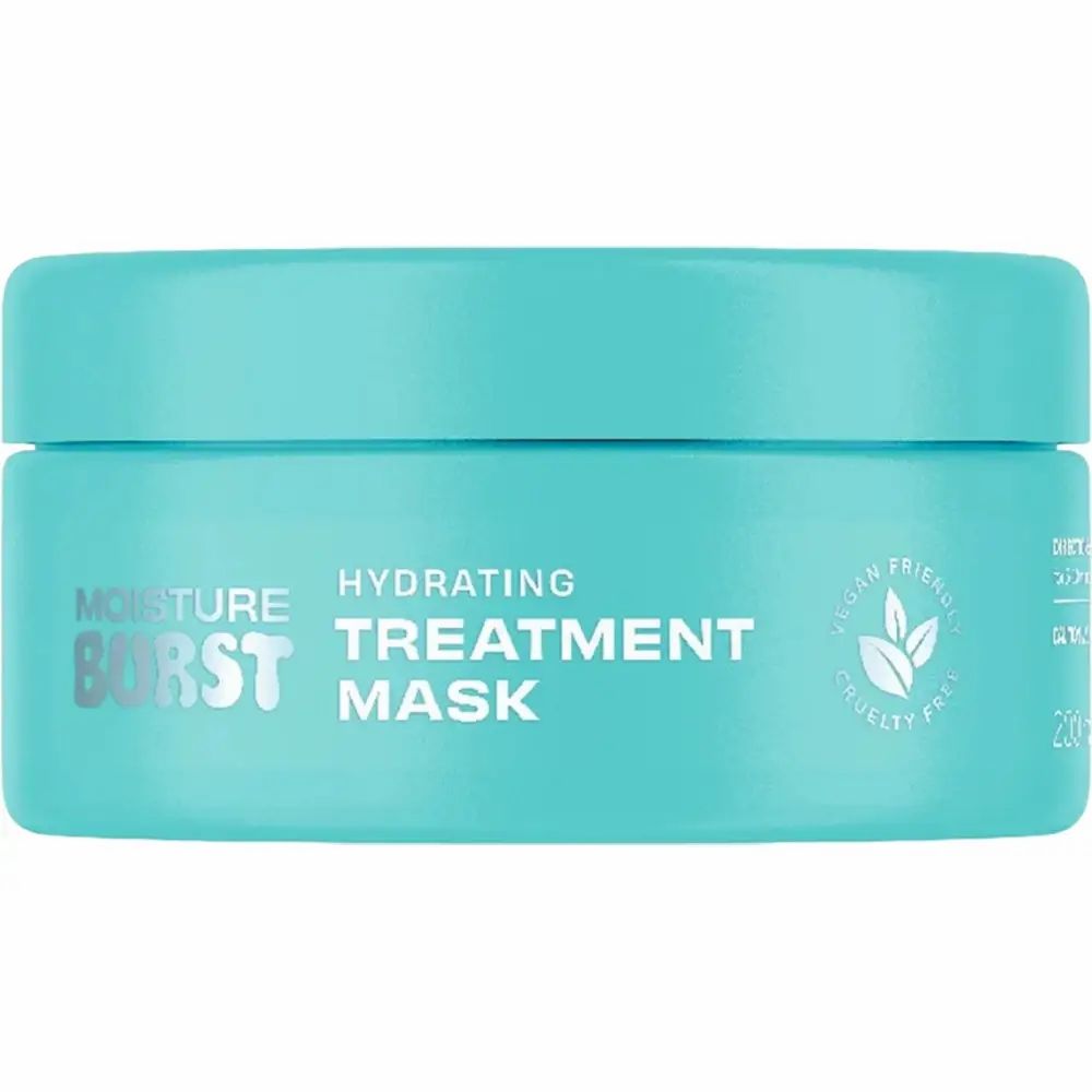 Türkisfarbene Dose mit Deckel. Aufschrift: Moisture Burst, Hydrating Treatment Mask. Vegan und tierversuchsfrei. 200g.