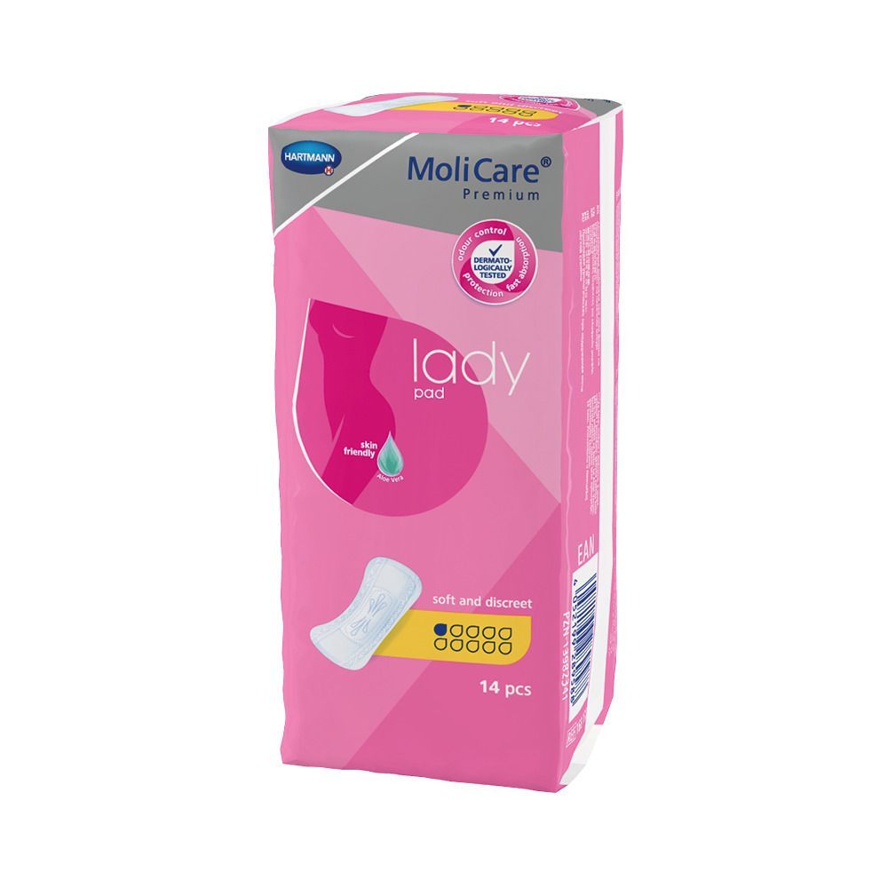 Rosa Verpackung mit MoliCare Premium Lady Pad. Enthält 14 Stück. Aufdrucke: Lady Pad, skin friendly, soft and discreet.