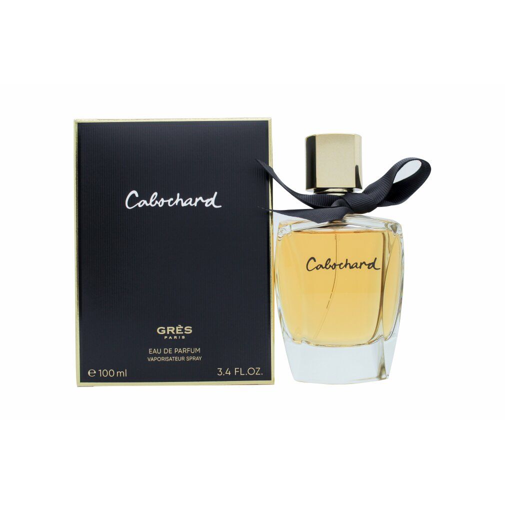 Gres Cabochard Eau de Parfum Zerstäuber mit schwarzer Schleife, goldener Kappe und Verpackung.