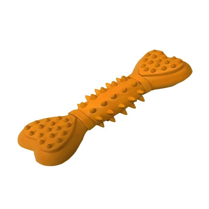 Quietschknochen aus Naturkautschuk. Orangefarben, knochenförmig mit Noppen und Stacheln. Zwei herzförmige Enden.