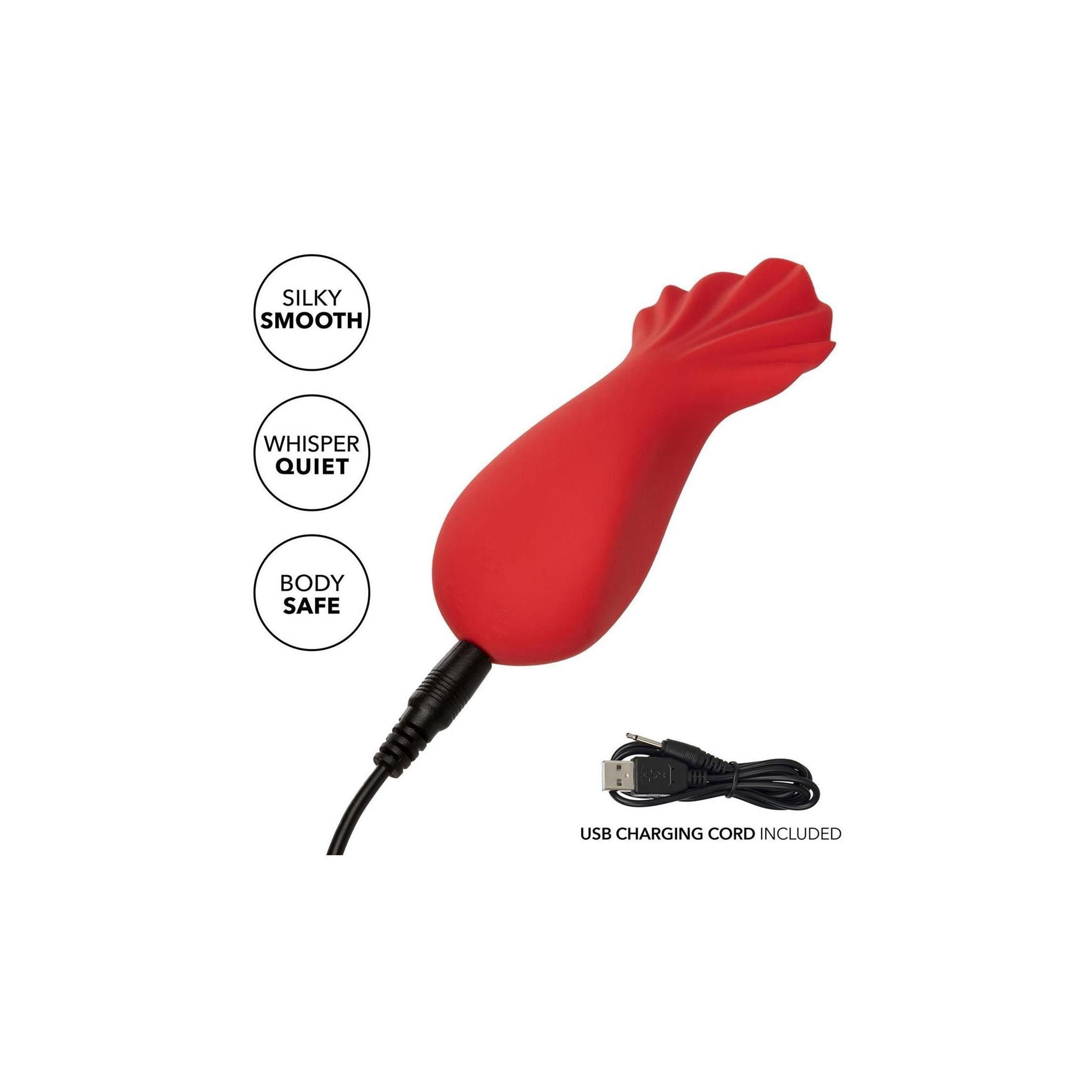 Roter Vibrator mit USB-Ladekabel. Text: "Seidig glatt", "Flüsterleise", "Körpersicher". Kabel und Stecker sind sichtbar.