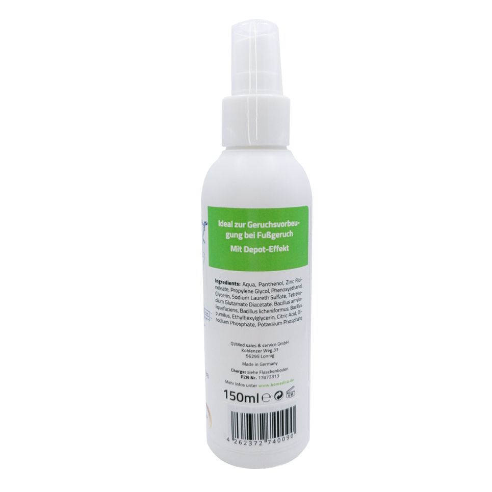 Rückansicht der weißen Sprühflasche. Grünes Etikett mit Text und Inhaltsstoffen. 150ml Volumenangabe und Barcode.