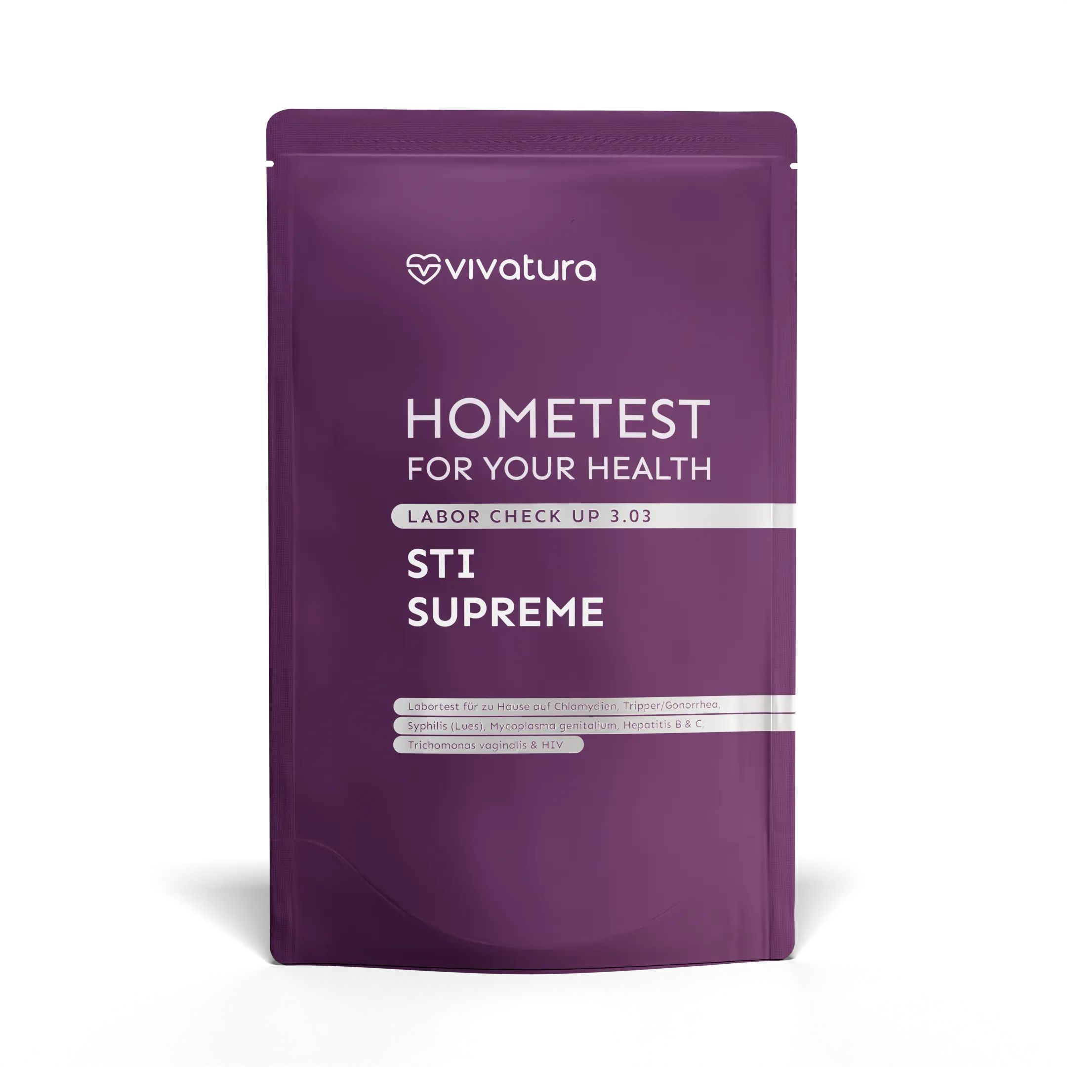 Violette Verpackung mit Logo und Schriftzug 'HOMETEST FOR YOUR HEALTH'. Produktname: STI SUPREME. Enthält Informationen zum Test.