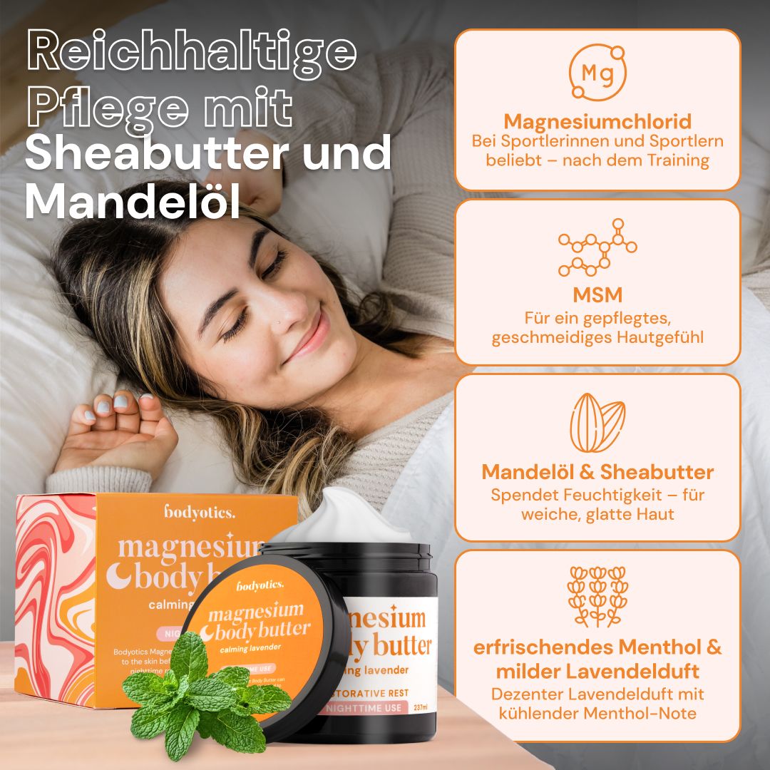 Bodyotics Magnesium Körperbutter mit Sheabutter und Mandelöl, Lavendel.