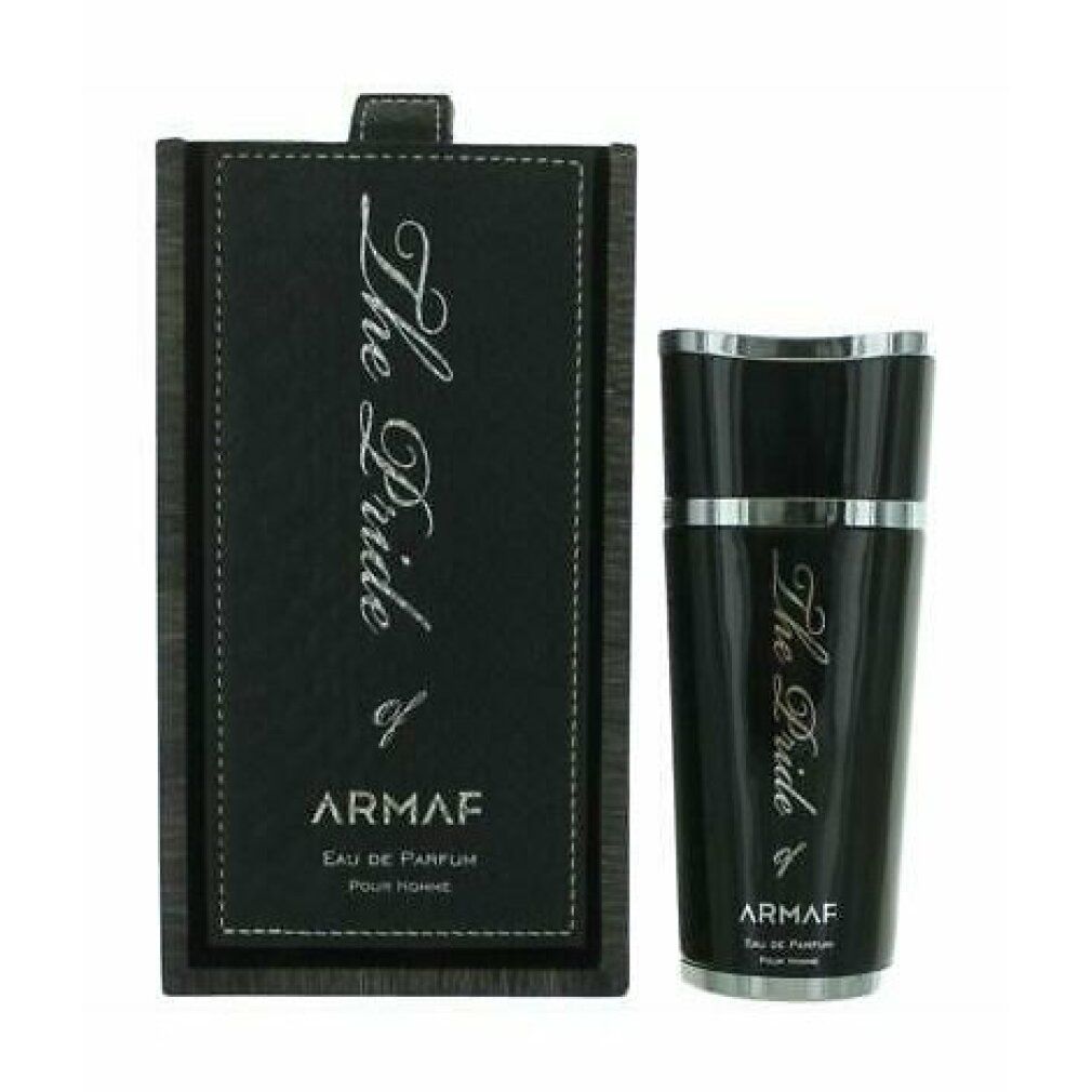 Schwarzer Flakon und Verpackung. Silberne Schrift: The Pride, Armaf. Eau de Parfum Pour Homme. Rechteckige Verpackung mit Deckel.