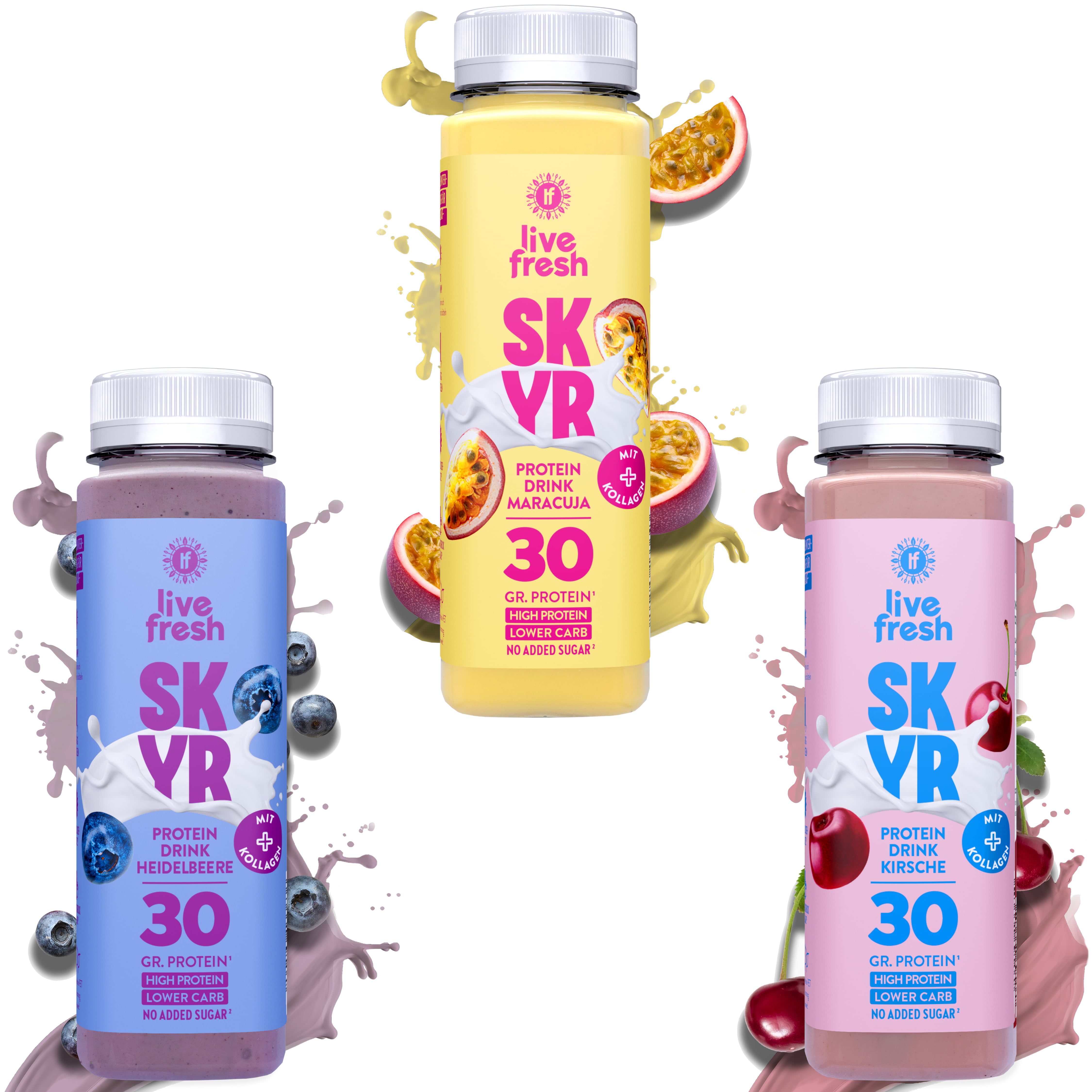 Drei Flaschen LiveFresh Skyr Protein Drink. Sorten: Heidelbeere, Maracuja, Kirsche. Aufdruck: SKYR, 30g Protein, Collagen, ohne Zucker.