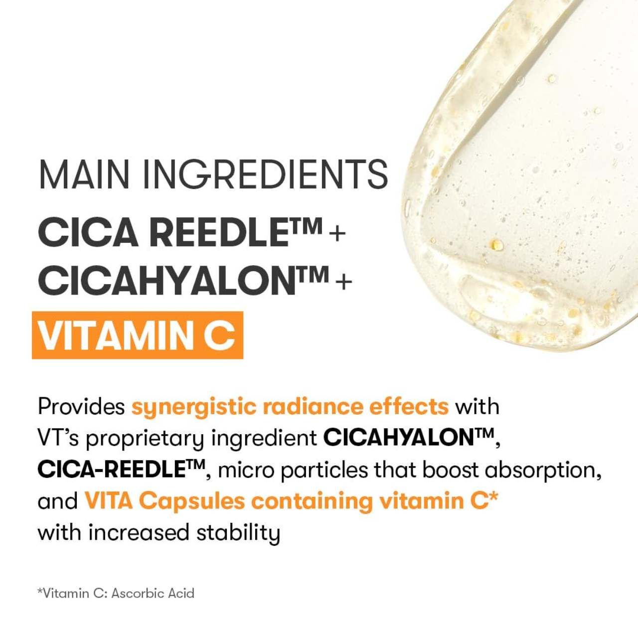 Nahaufnahme der Inhaltsstoffe: CICA REEDLE, CICAHYALON, Vitamin C. Text beschreibt die Inhaltsstoffe.