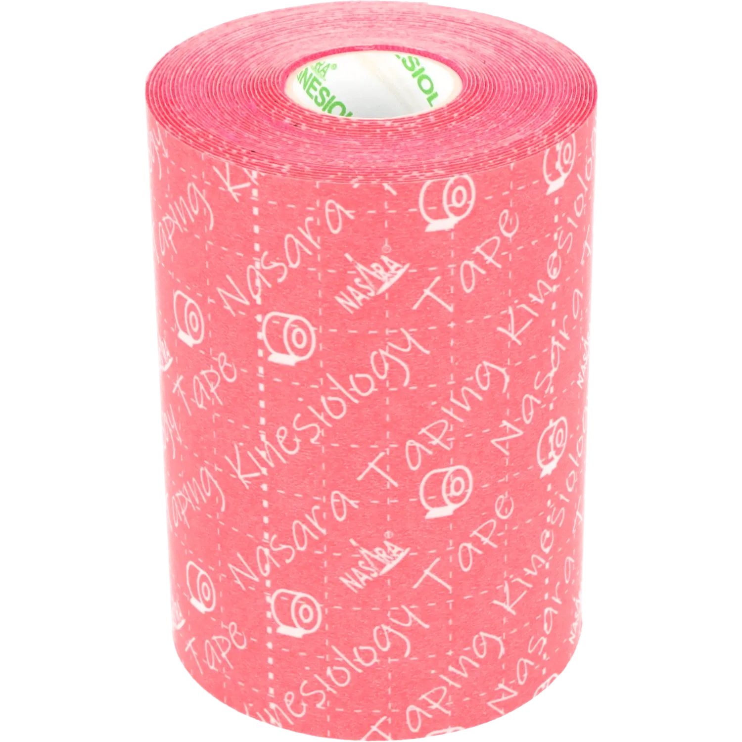 Rotolo di kinesio tape rosa. Stampa: Nasara Kinesiology Tape. Logo bianco. Scritta sul rotolo.