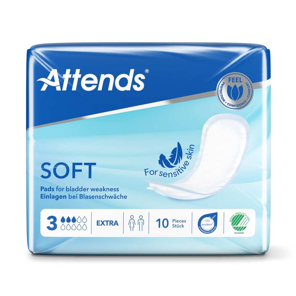 Attends Soft 3 Extra. Packung mit 10 Einlagen. Blaue Verpackung mit Produktabbildung und Logo. Für empfindliche Haut.