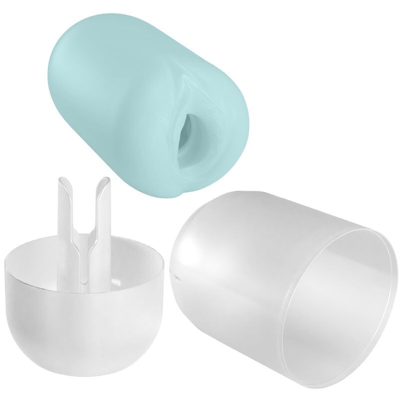 Hellblaues Masturbationsspielzeug mit weißem Zubehör. Enthält eine Kappe und einen Einsatz.