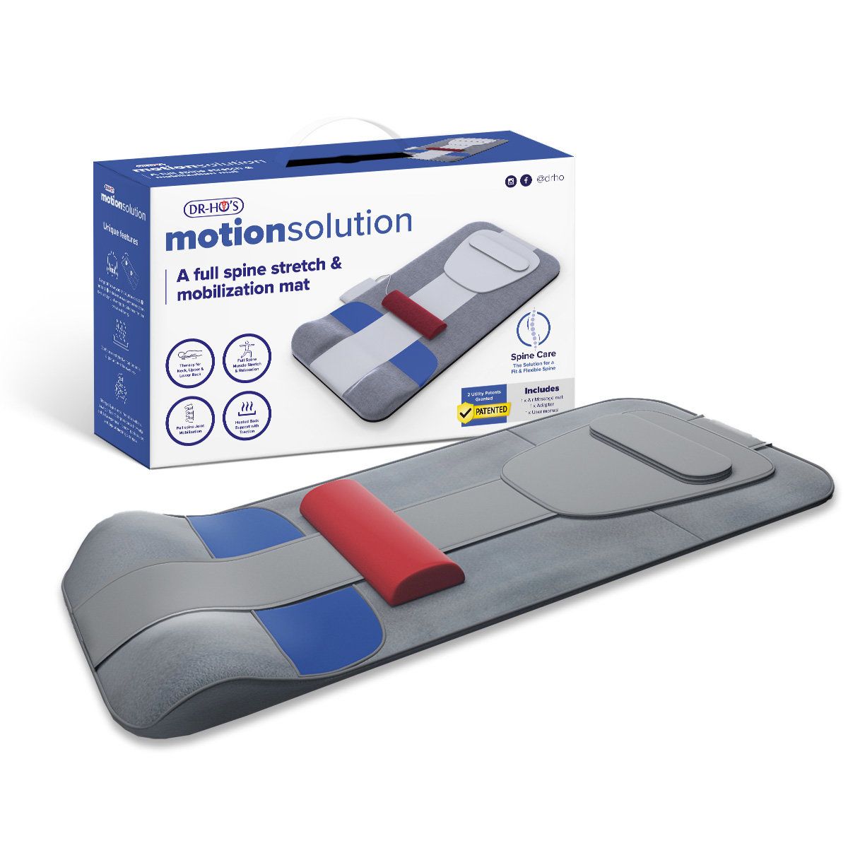 DR-HO'S MotionSolution Matte. Graue Matte mit roter Rolle und blauen Akzenten. Produktverpackung mit Logo und Produktname.