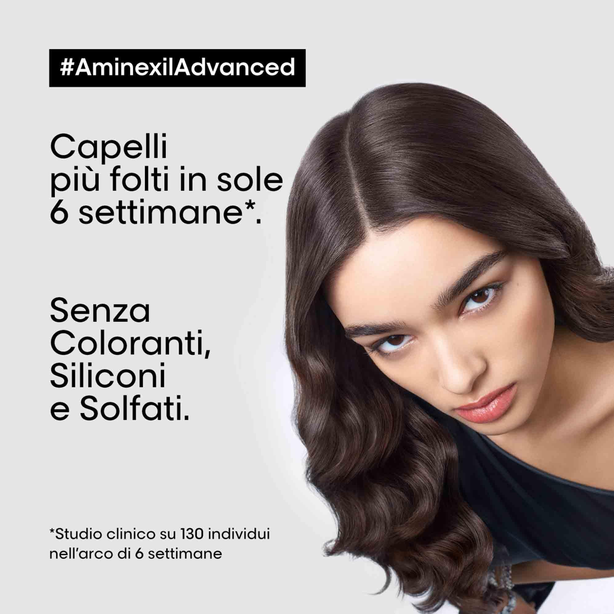 Werbung für Aminexil Advanced. Frau mit glänzendem Haar. Text: Capelli più folti in sole 6 settimane. Ohne Farbstoffe, Silikone und Sulfate.
