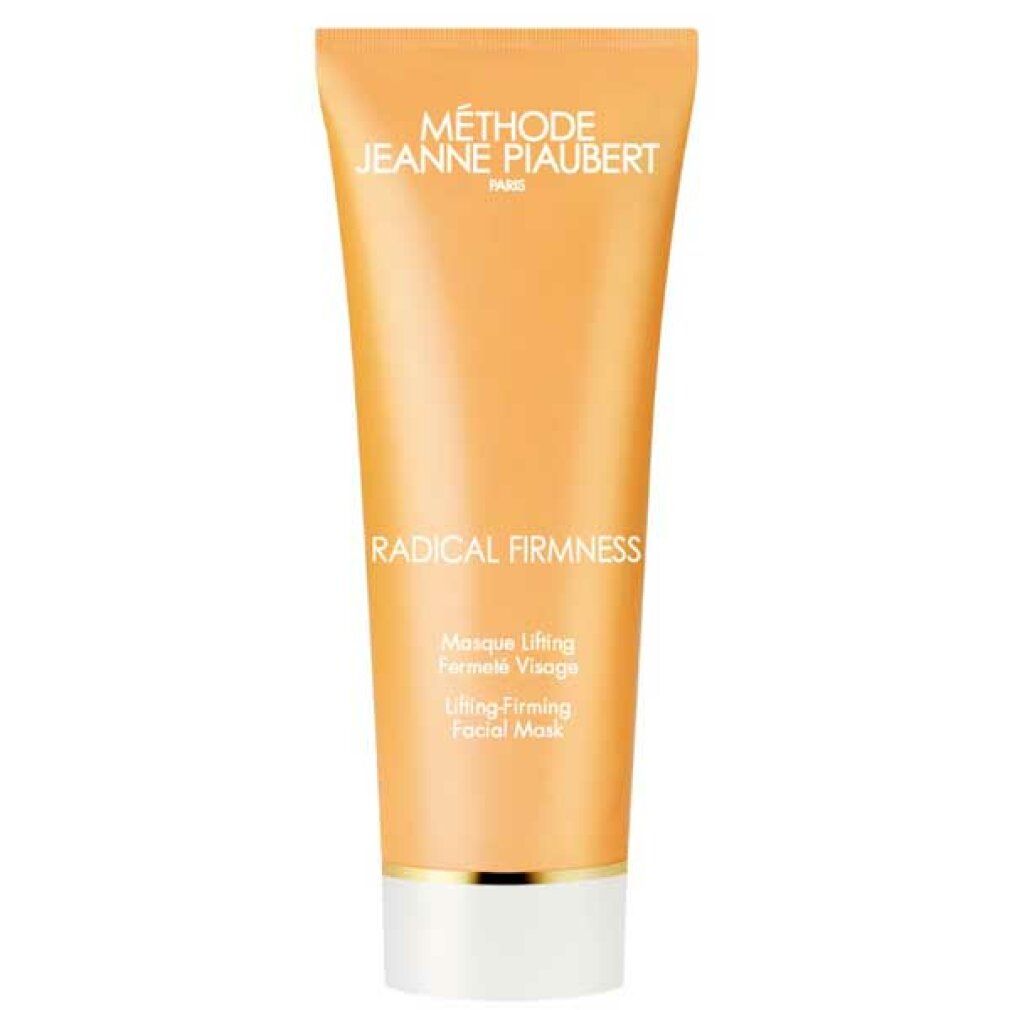 Radical Firmness Mask von Jeanne Piaubert. Tube mit gelbem Farbverlauf, weißem Boden und goldenen Akzenten. Text.
