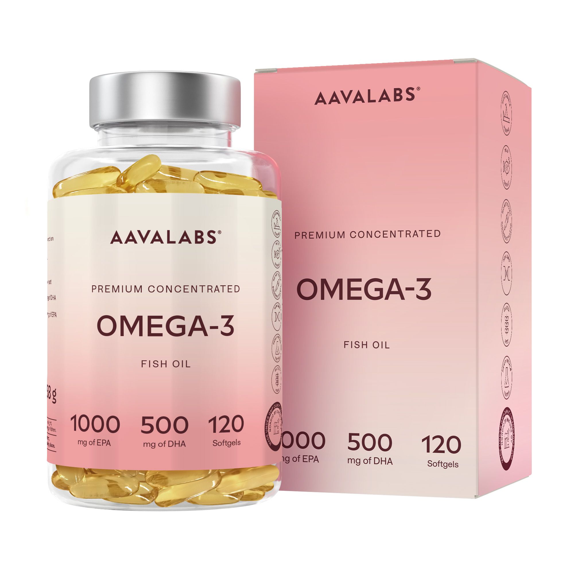 Flasche und Schachtel mit gelben Kapseln. Aufschrift: AAVALABS, Omega-3, Fischöl, 1000 mg EPA, 500 mg DHA, 120 Softgels.