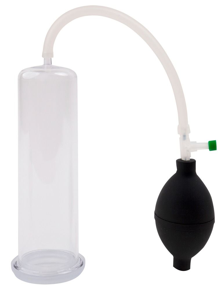 Transparenter Zylinder mit schwarzem Gummiball, Schlauch und Ventil. Das Ventil ist grün.