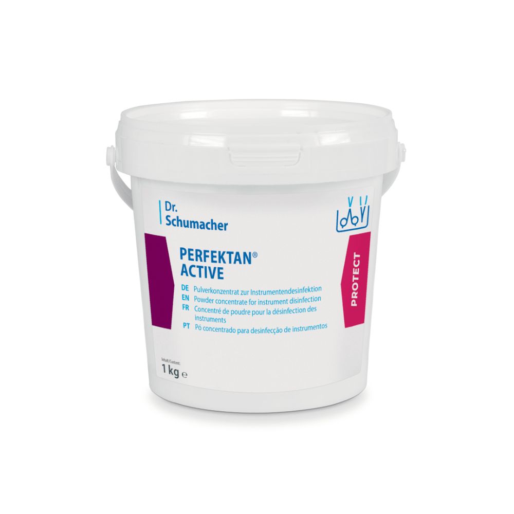 Weißer Eimer mit Deckel und Griff. Aufschrift: PERFEKTAN® ACTIVE, Dr. Schumacher. Etikett mit Produktinformationen.
