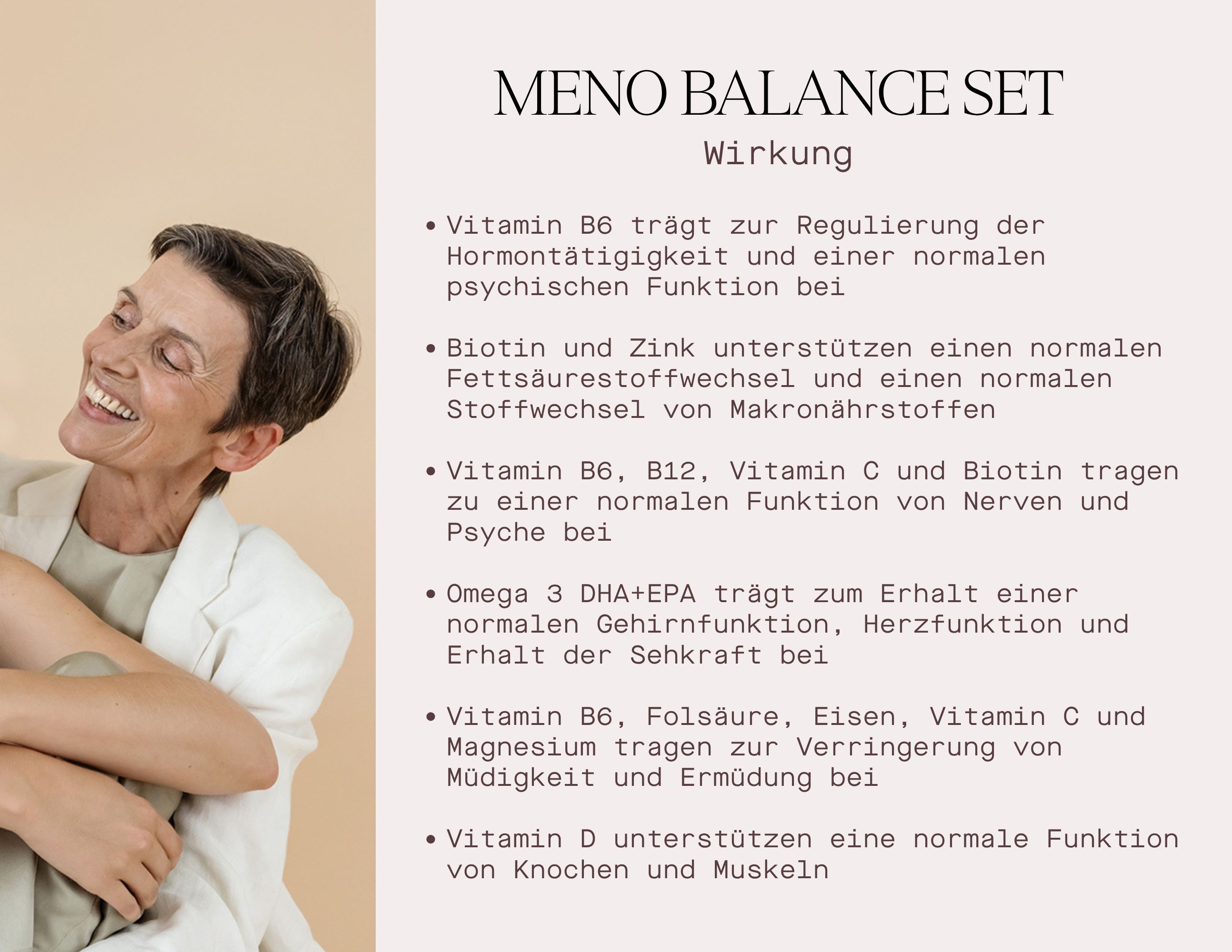 Text. Meno Balance Set. Wirkung. Text über die Wirkung von Vitaminen und Mineralstoffen.