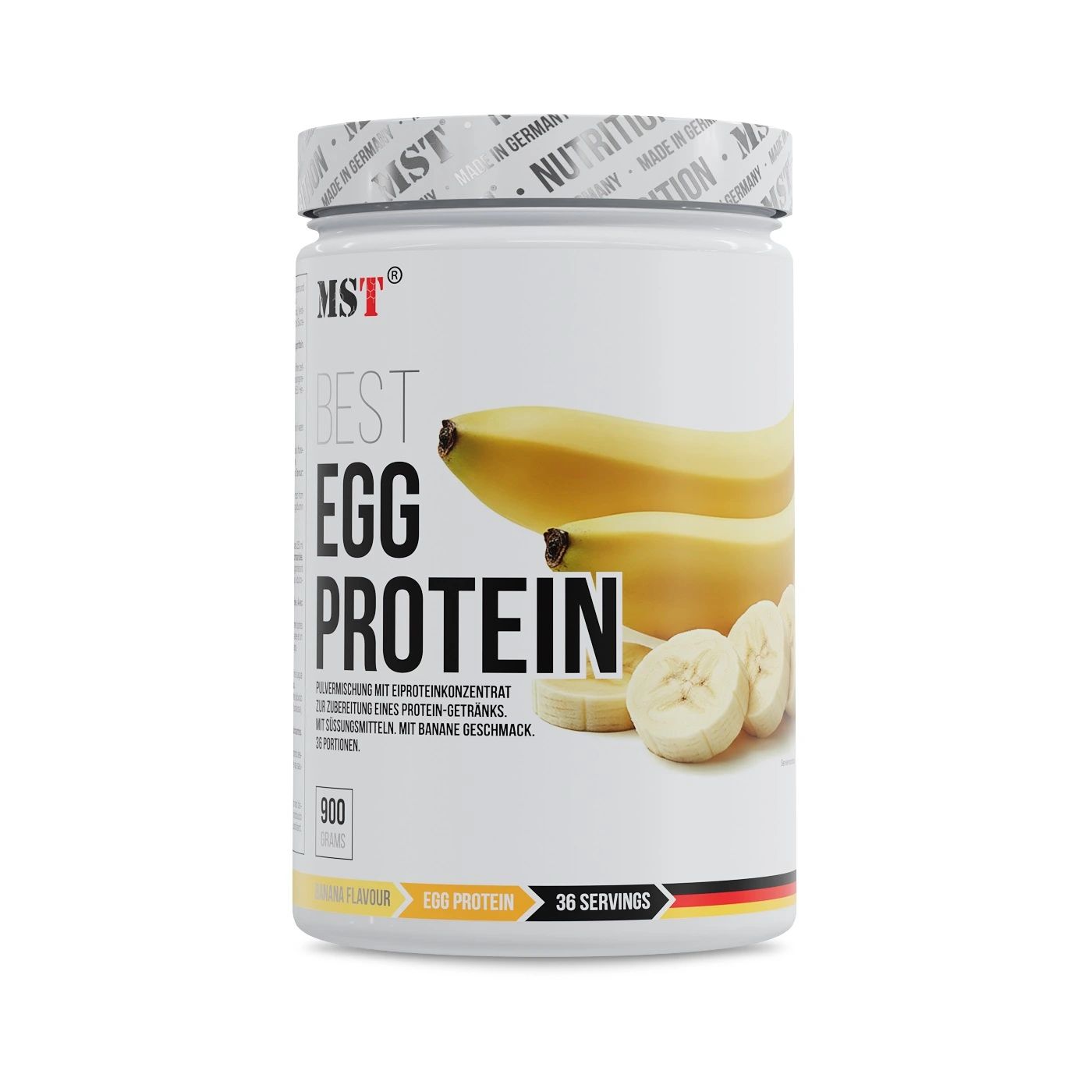 Weißes Behältnis mit MST BEST EGG PROTEIN Aufschrift. Bananen-Geschmack. 36 Portionen. Abbildung von Bananen.