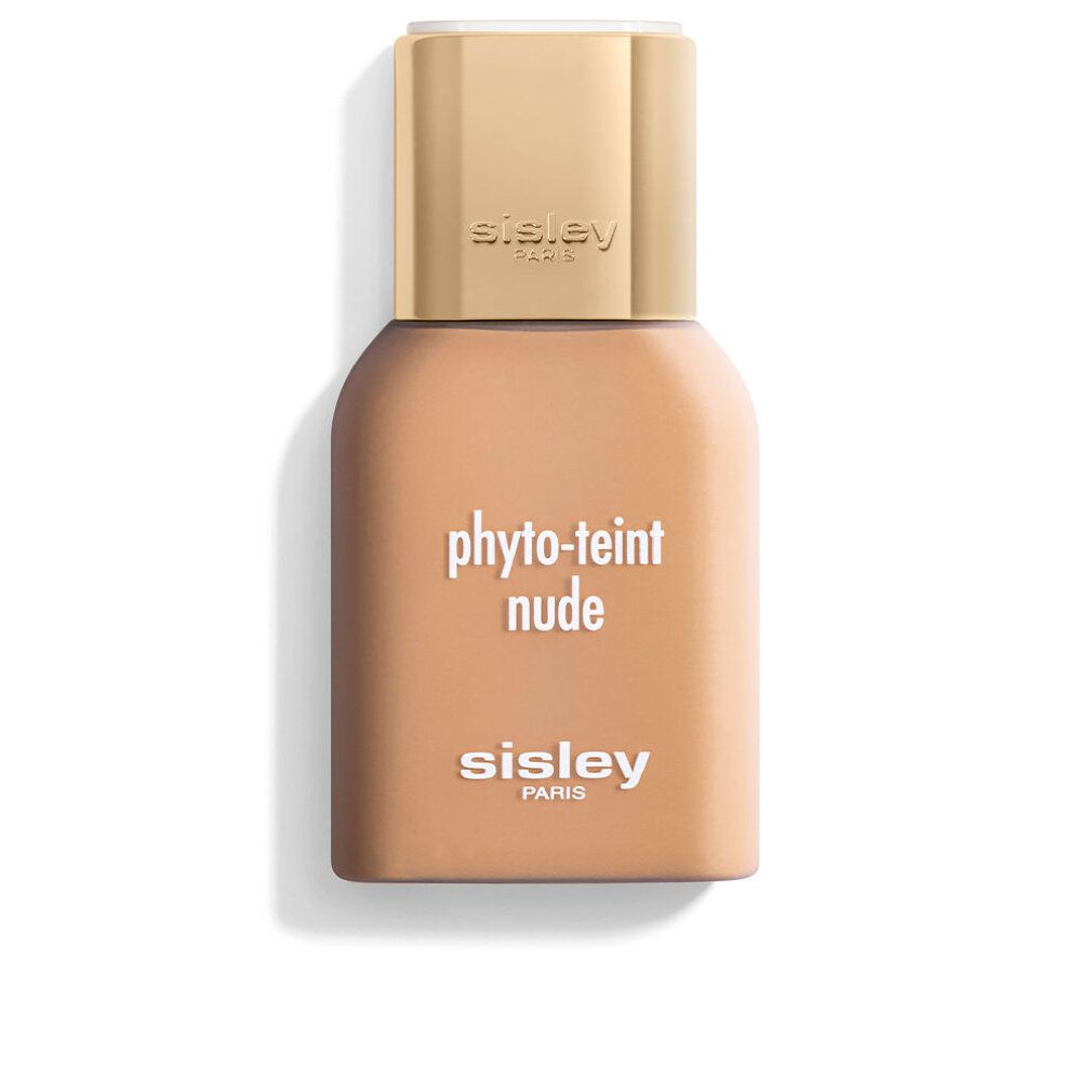 Sisley Phyto-Teint Nude. Flasche mit beiger Foundation, goldfarbener Deckel. Schriftzug: Sisley Paris, Phyto-Teint Nude.