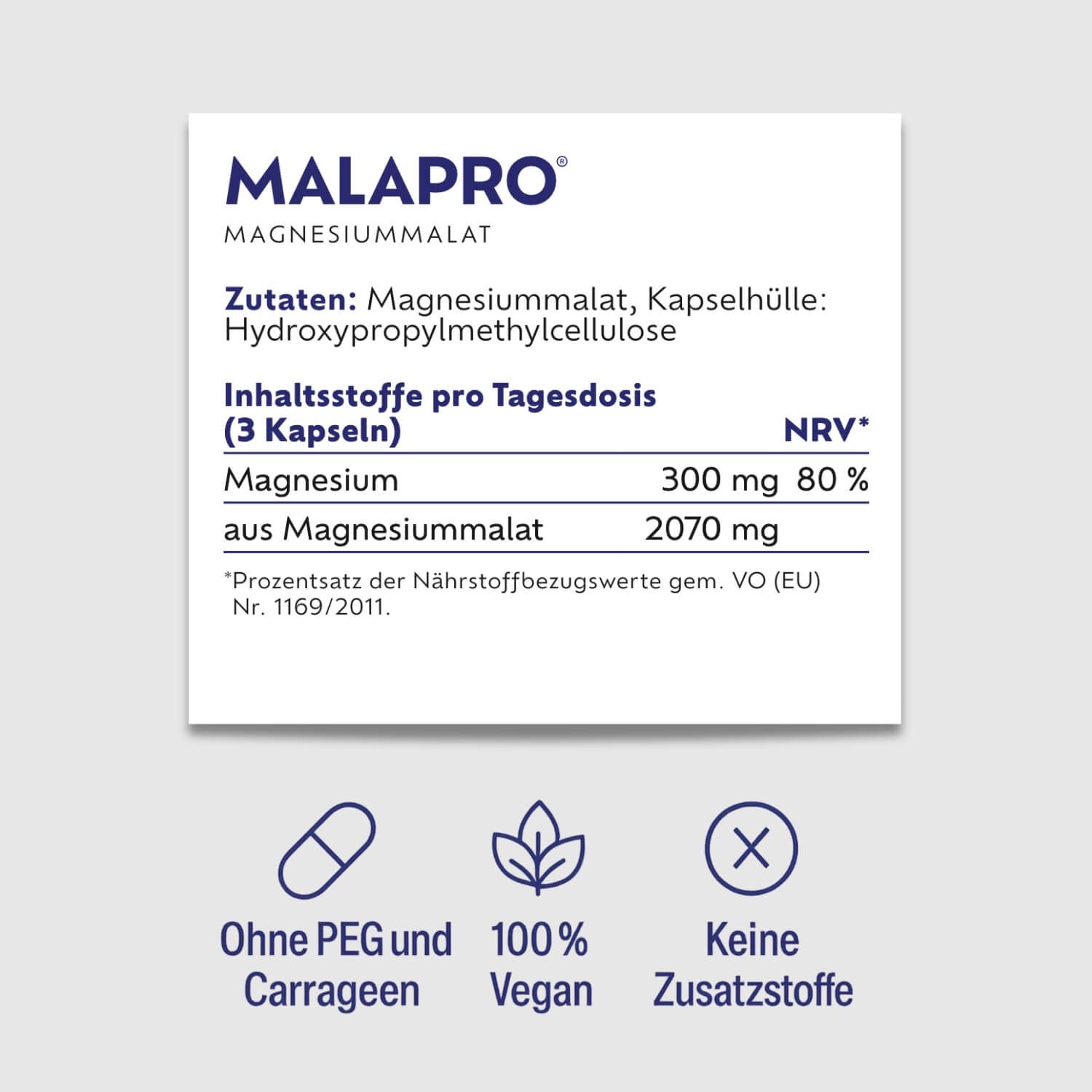 Nährwerttabelle: Magnesiummalat, Kapselhülle. Ohne PEG und Carrageen, 100% vegan, keine Zusatzstoffe.
