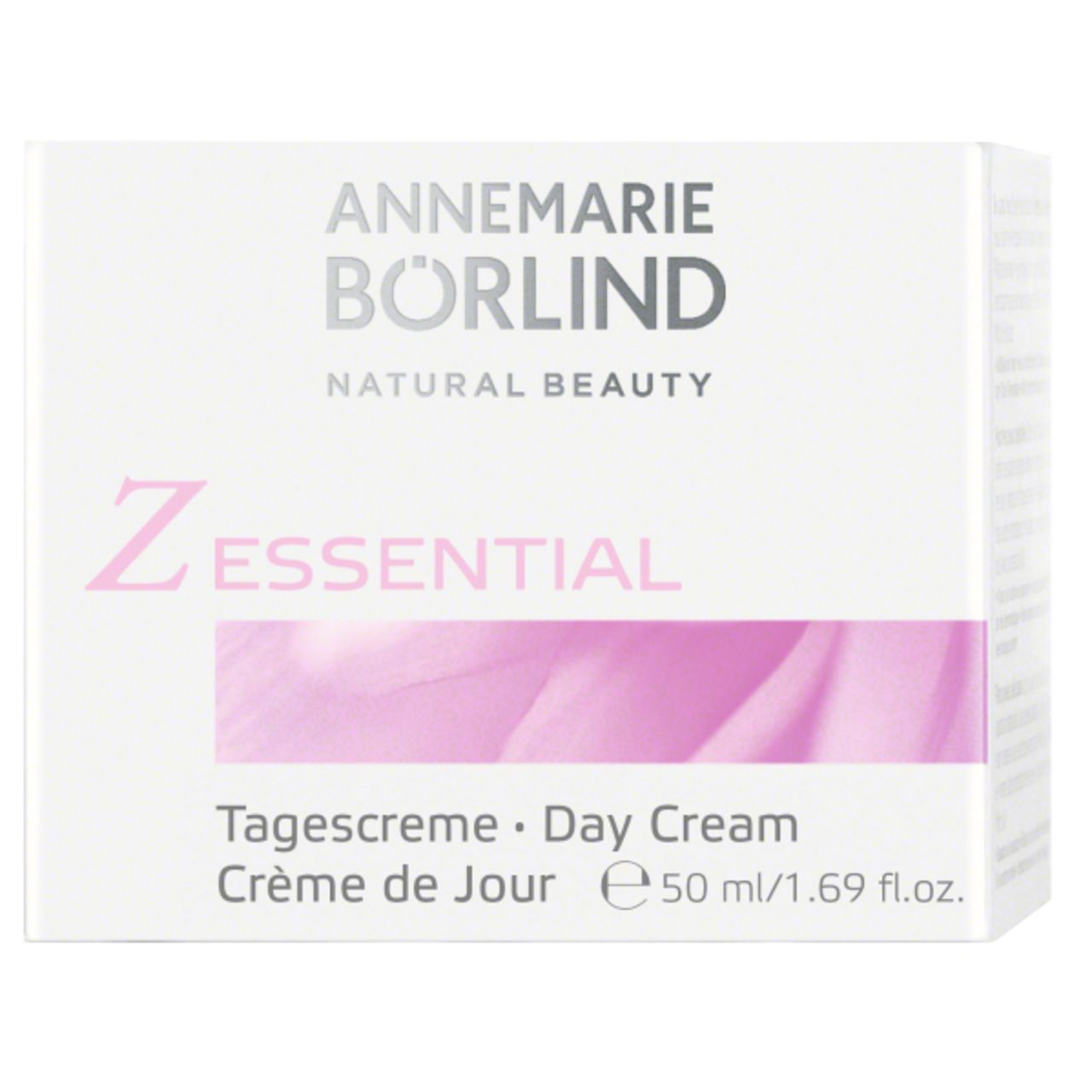 Weiße Verpackung für Z Essential Tagescreme. Schriftzug: ANNEMARIE BÖRLIND, Z ESSENTIAL, Tagescreme, Day Cream, Crème de Jour, 50 ml.