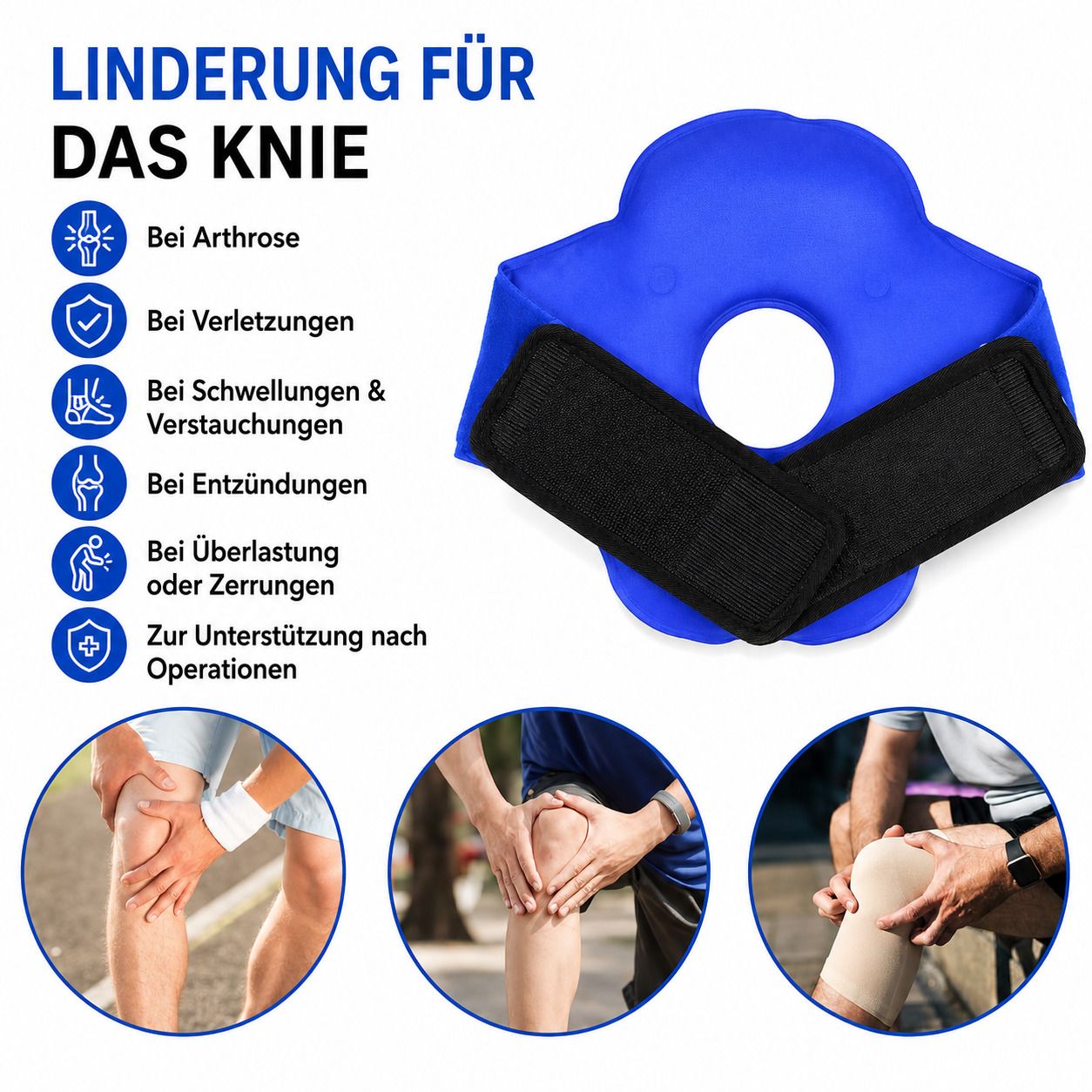 Blaues Kniepolster mit Klettverschlüssen zur Stabilisierung.