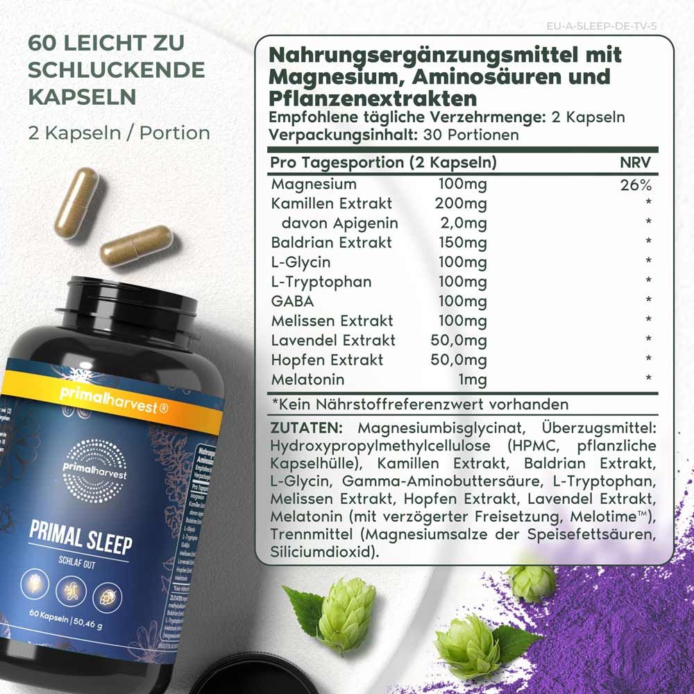 Nahrungsergänzungsmittel-Informationen. Auflistung von Inhaltsstoffen und Nährwerten. Zwei Kapseln neben der Flasche.