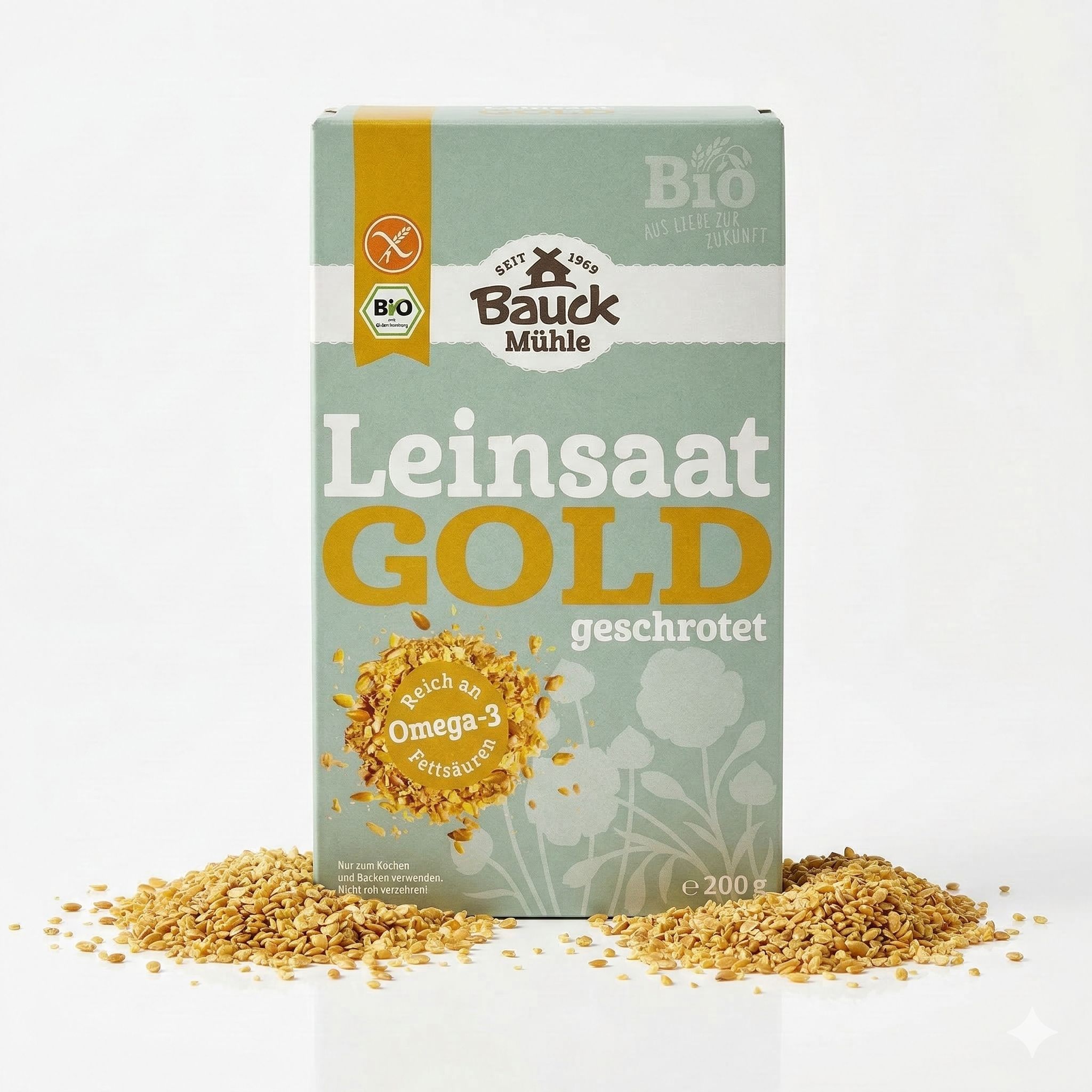 Bauckhof Leinsaat Gold geschrotet, glutenfrei, Bio-zertifiziert, mit Leinsamen-Haufen.
