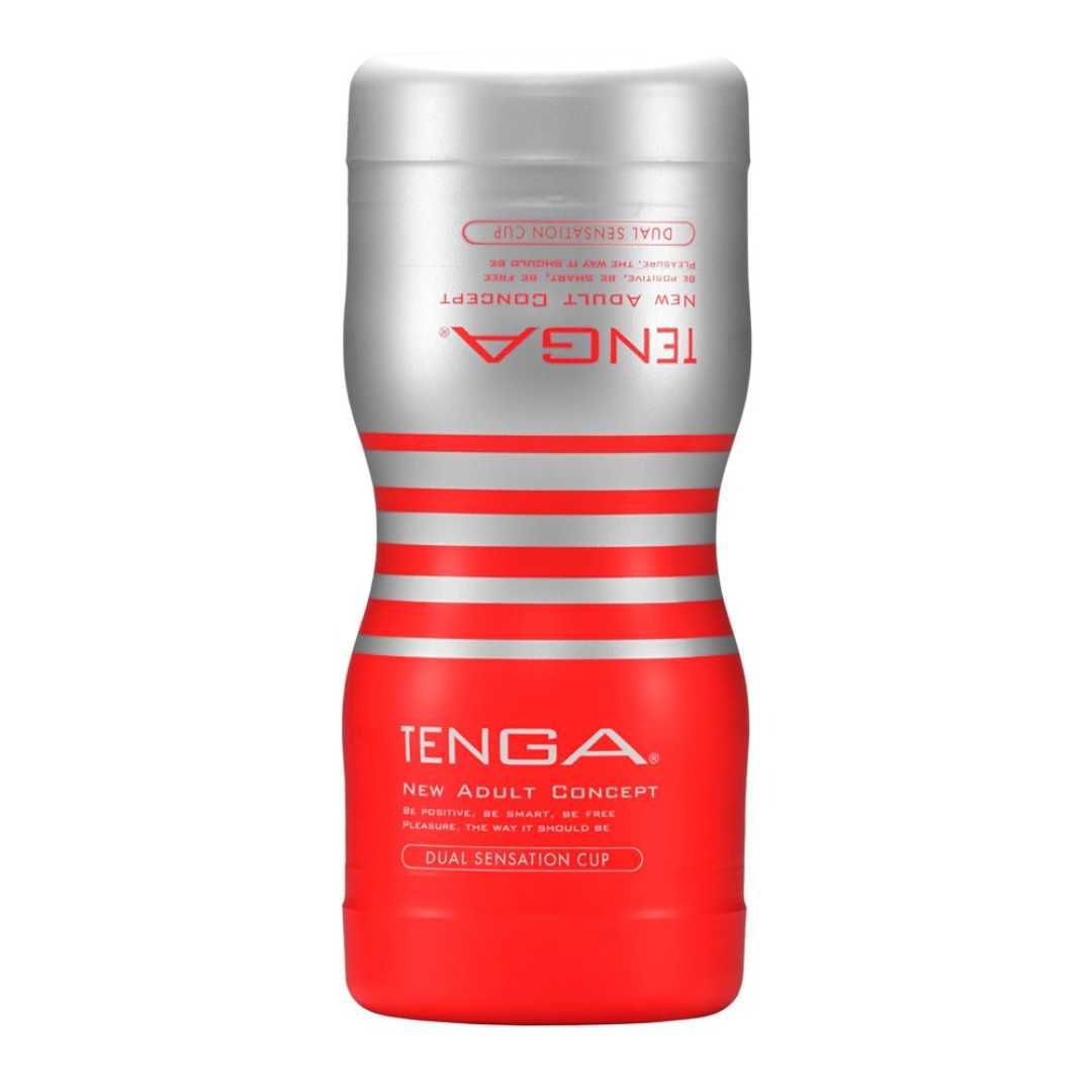 Roter und silberner Becher. Text: TENGA, NEW ADULT CONCEPT, DUAL SENSATION CUP.