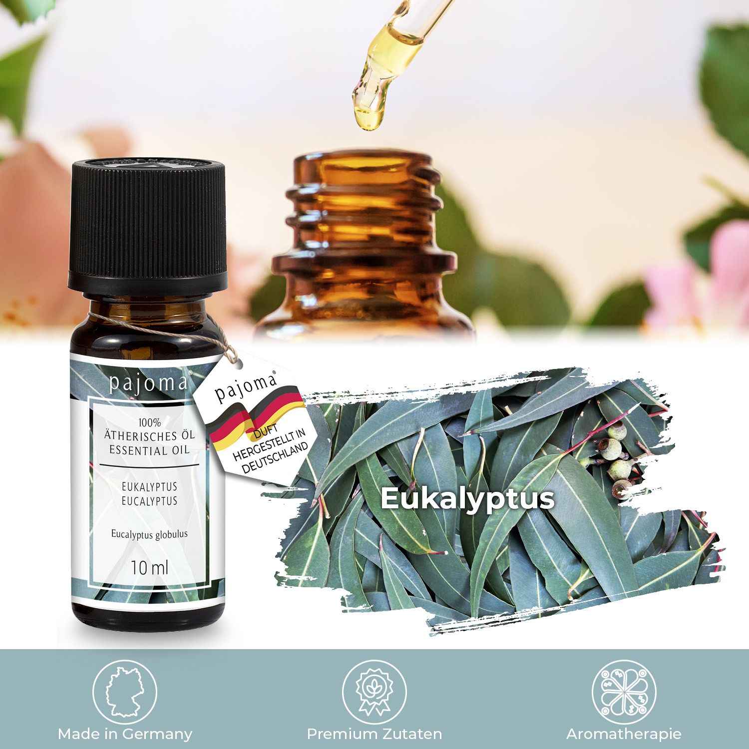 Braune Glasflasche mit Etikett und Eukalyptusblätter. Aufschrift: pajoma, 100% Ätherisches Öl, Eukalyptus, 10 ml. Made in Germany.