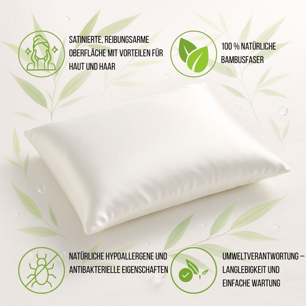 Weißes Kissen mit Bambus-Motiv. Text: 100% Bambusfaser, hypoallergen, antibakteriell, umweltfreundlich.