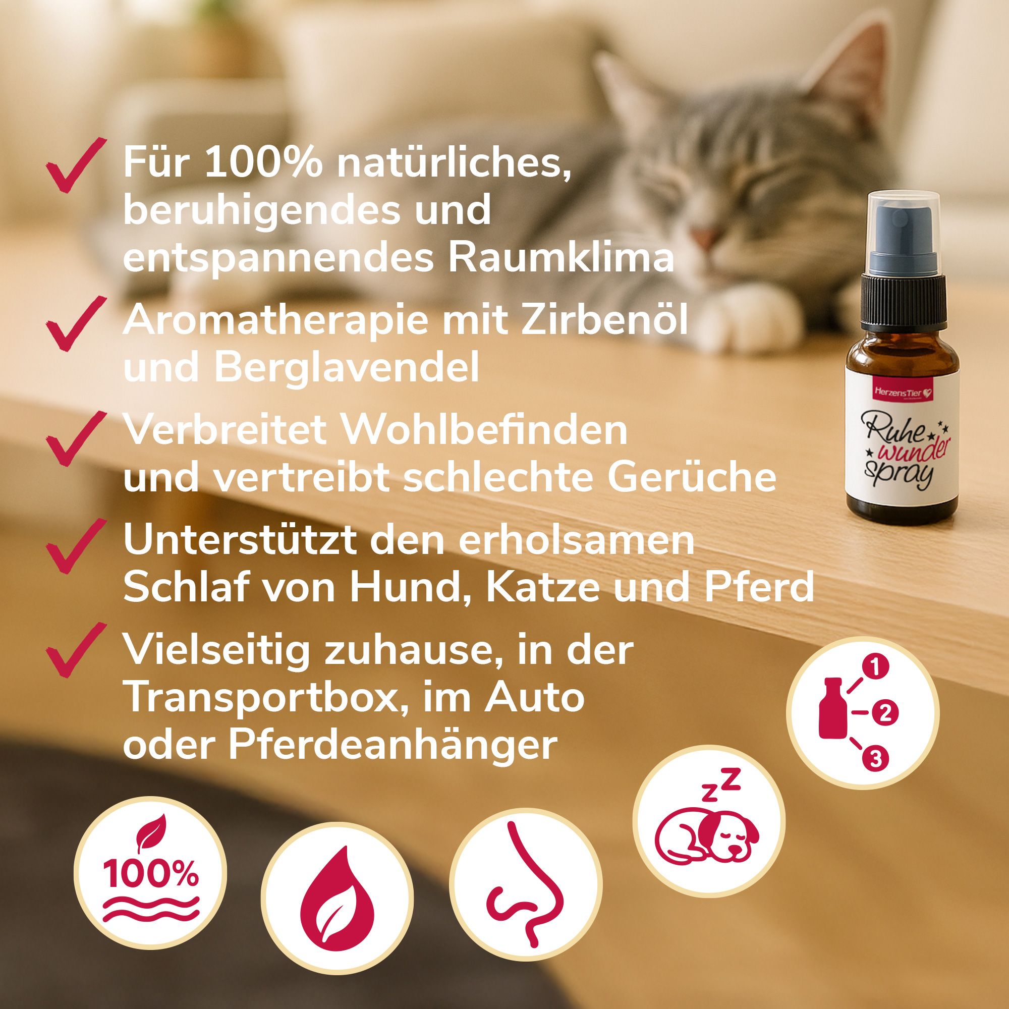 Produktabbildung mit Text. Eine Katze schläft. Icons zeigen 100%, Flamme, Nase, Hund schläft. Flasche rechts.