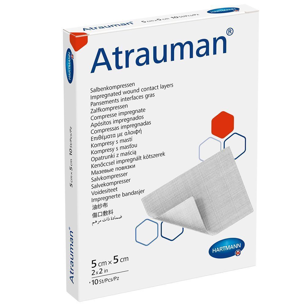 Schachtel mit Atrauman® Salbenkompressen. Aufdruck: 5 x 5 cm, 10 Stück. Hartmann-Logo. Produkt teilweise sichtbar.