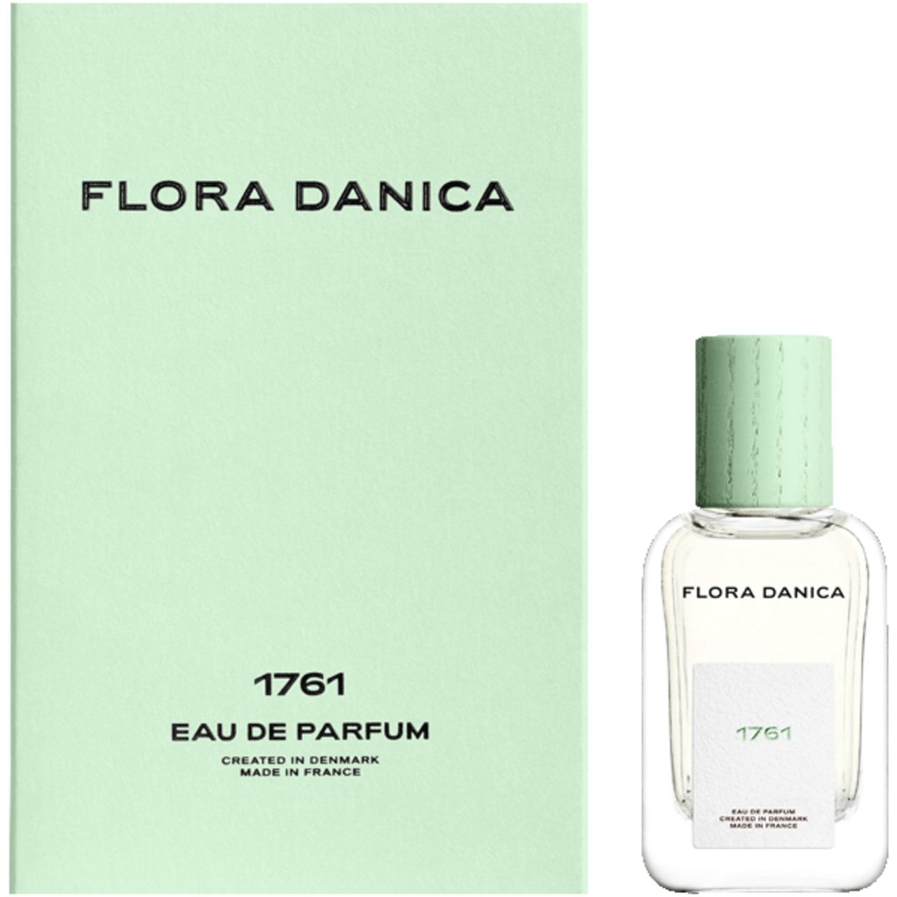 Parfümflasche und Schachtel. Auf der Schachtel und dem Etikett steht "Flora Danica 1761".